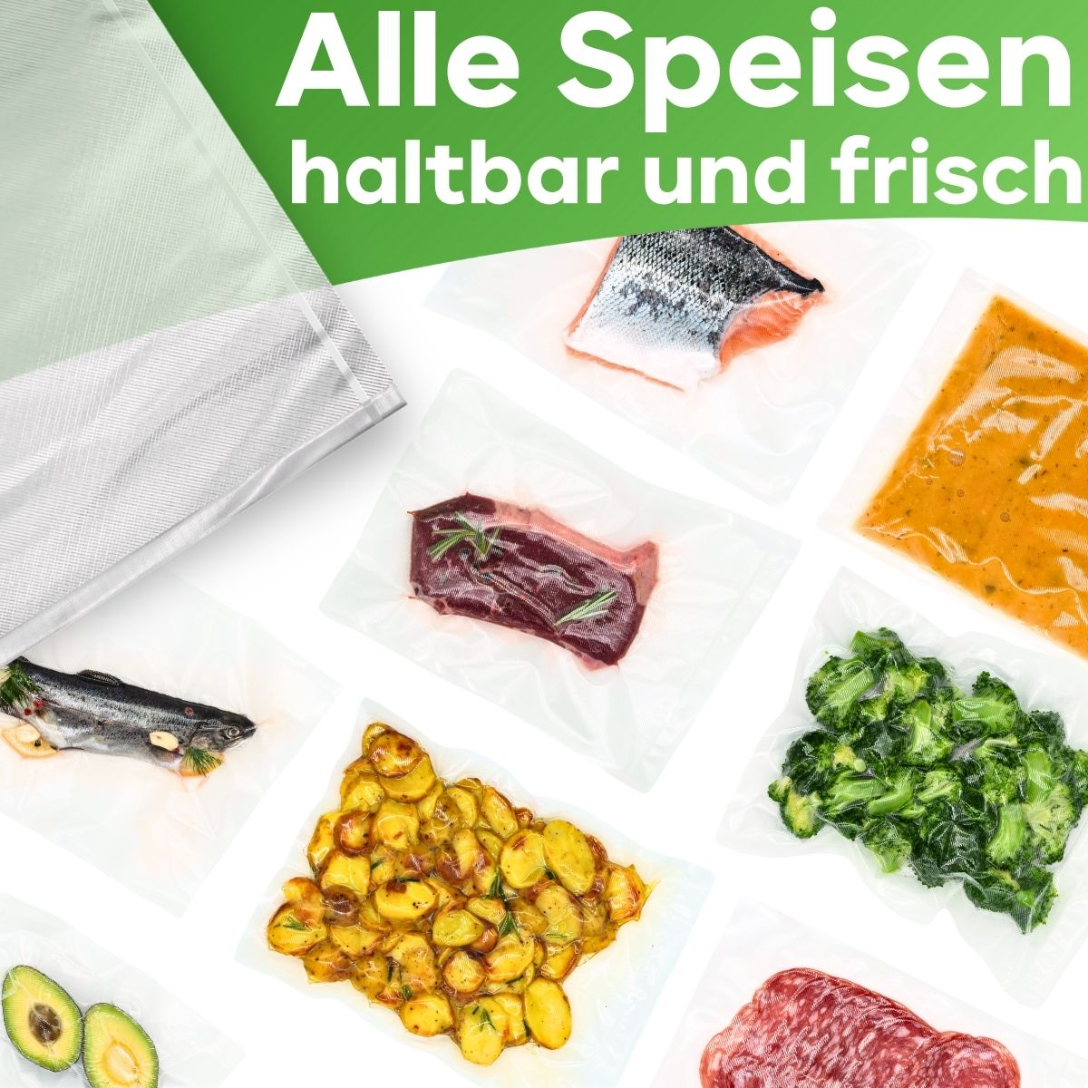 Confezioni di cibo sottovuoto con vari elementi come pesce, carne, verdure e metà avocado.