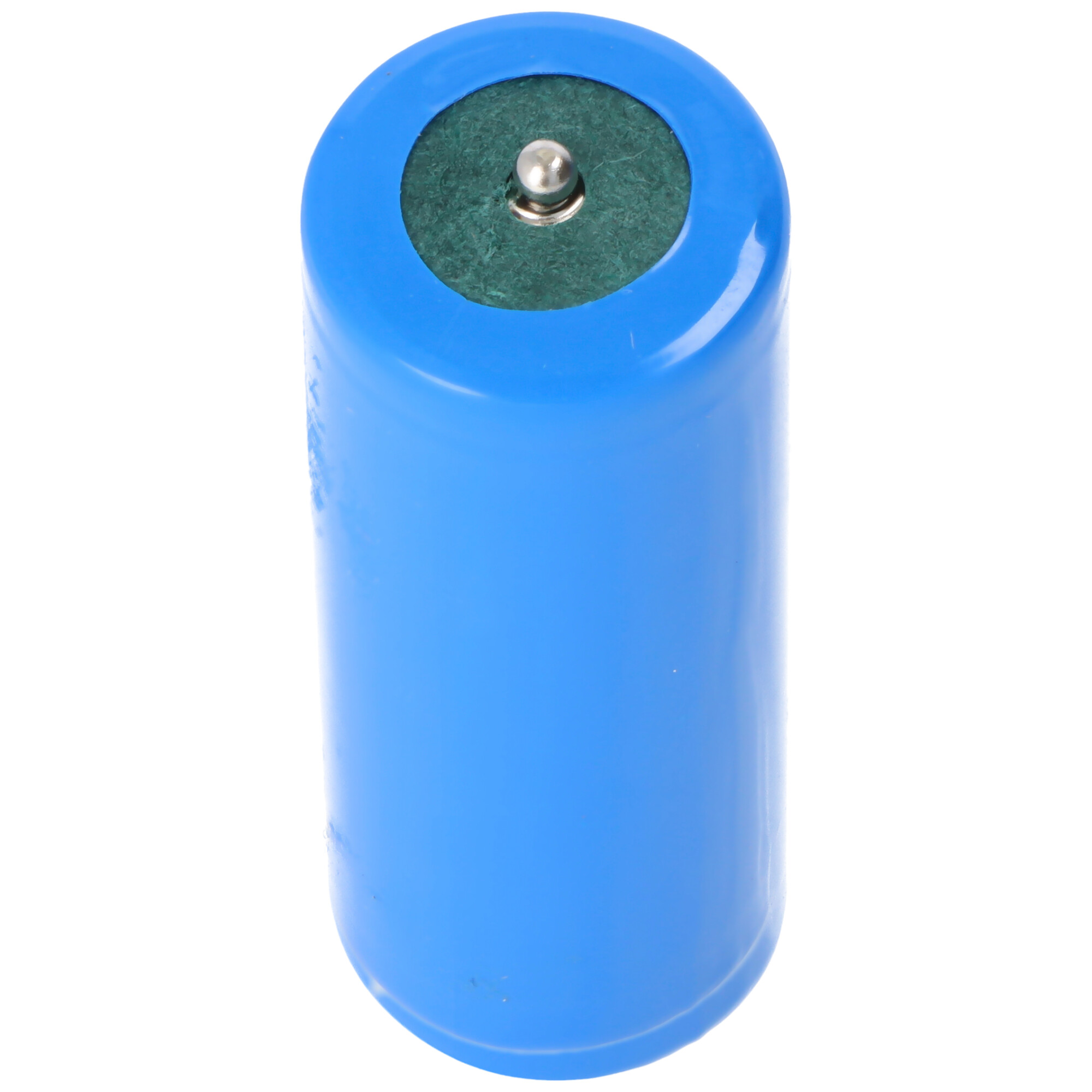 A blue cylindrical battery with a silver top and a green center.