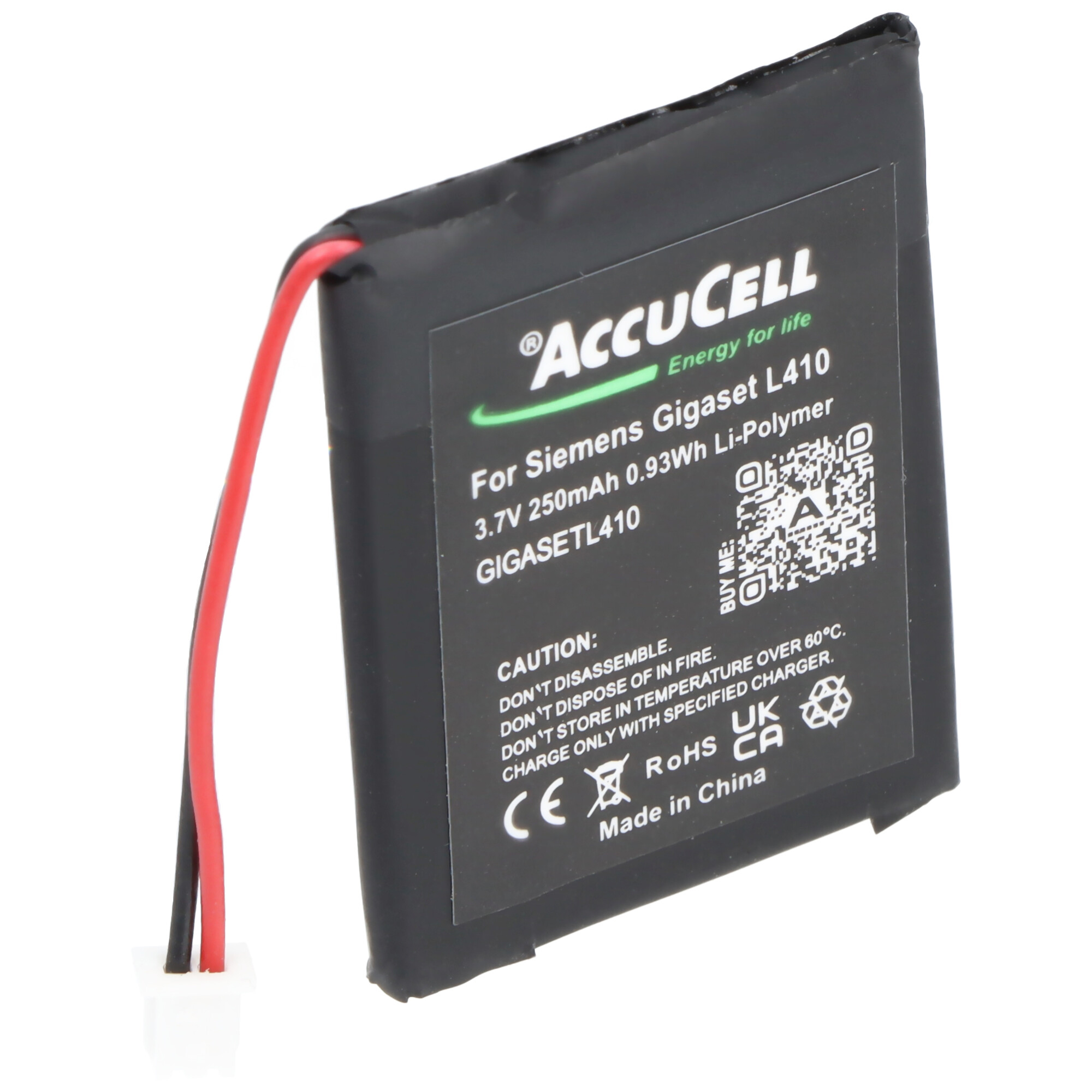 Eine schwarze Batterie mit roten und schwarzen Drähten. Die Batterie hat ein Etikett mit Text.