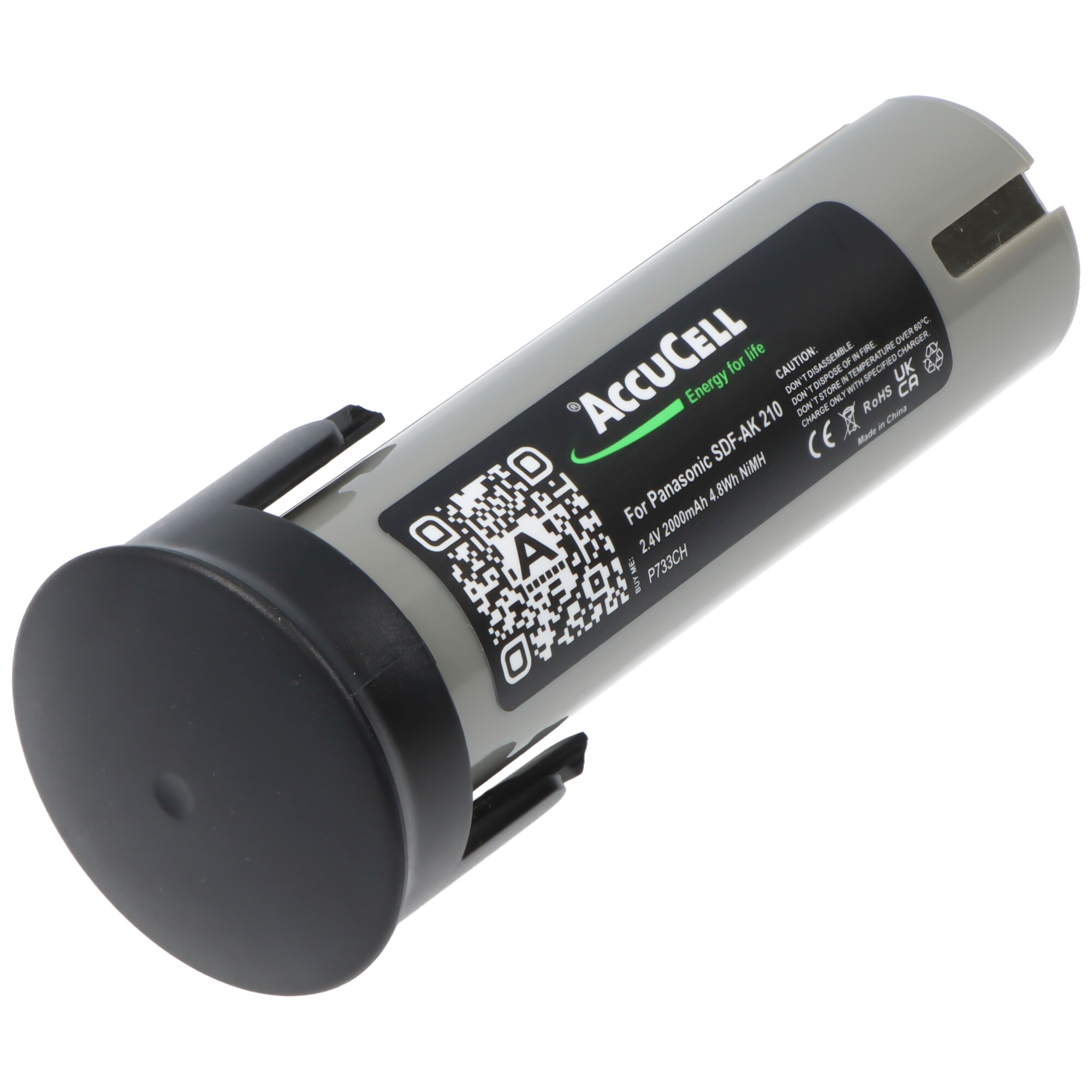 Zylindrische graue Batterie mit schwarzem Deckel und Etikett, das Spezifikationen und Warnungen zeigt.