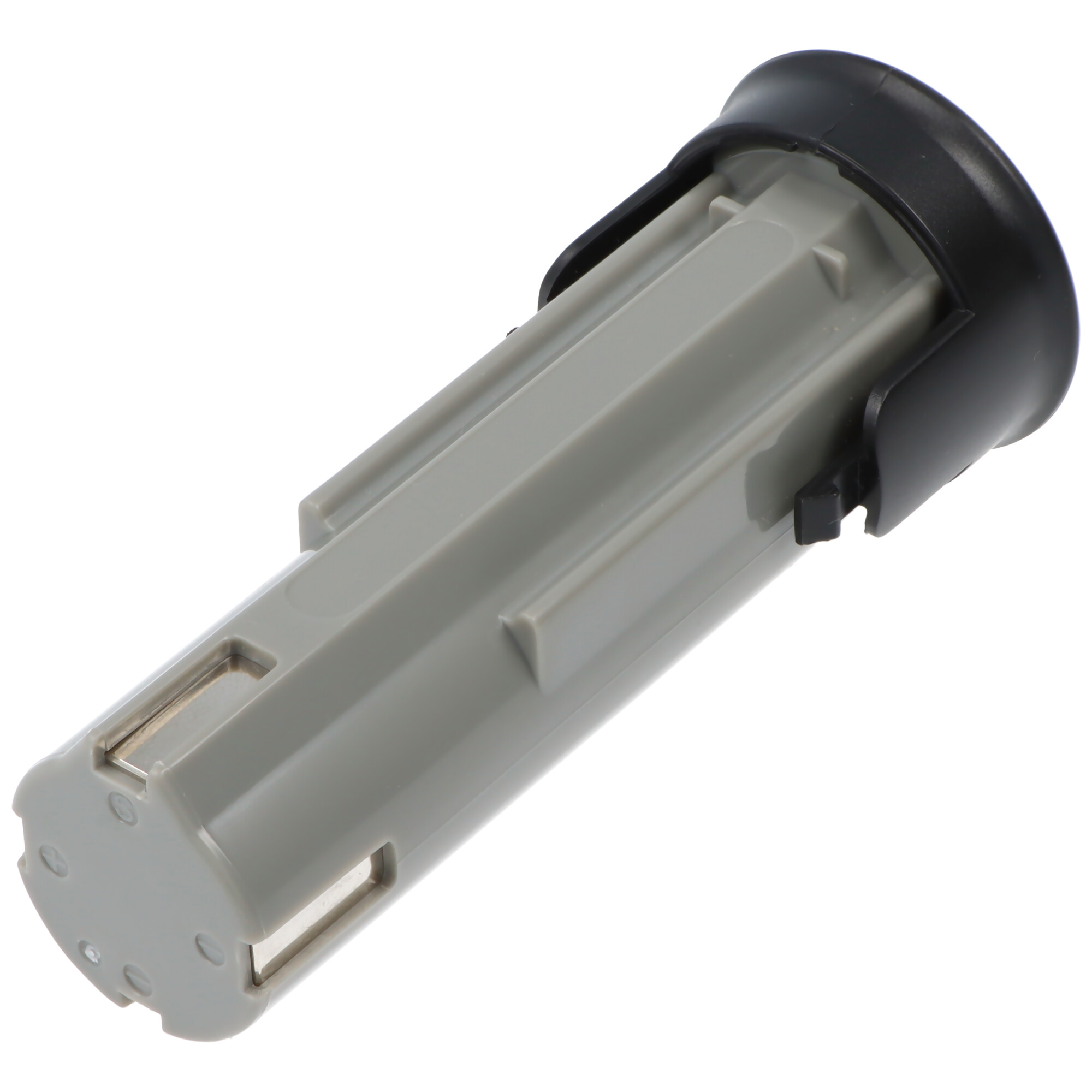 Eine grau-schwarze zylindrische Batterie. Die Oberseite hat eine schwarze Kappe, die Seiten Metallkontakte.