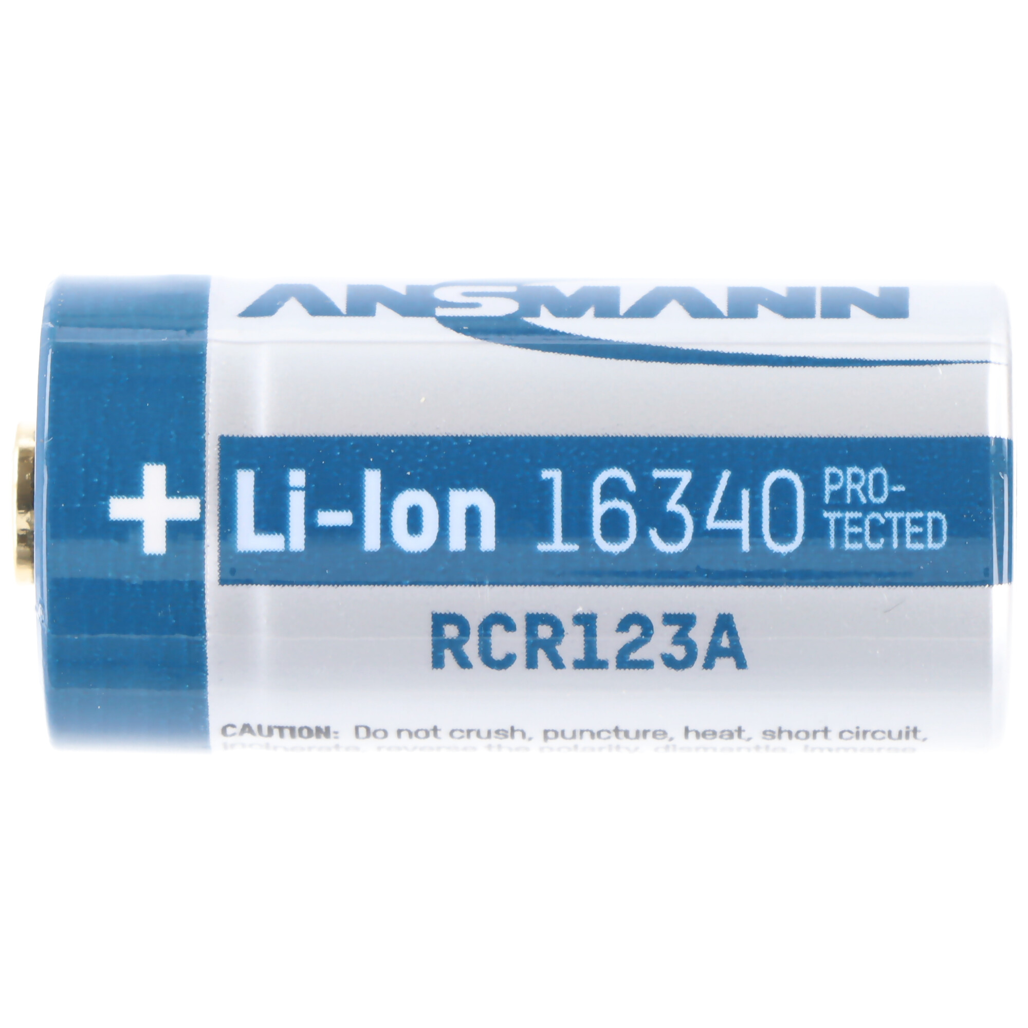 Weiße und blaue Batterie mit Text. Weißer Hintergrund.