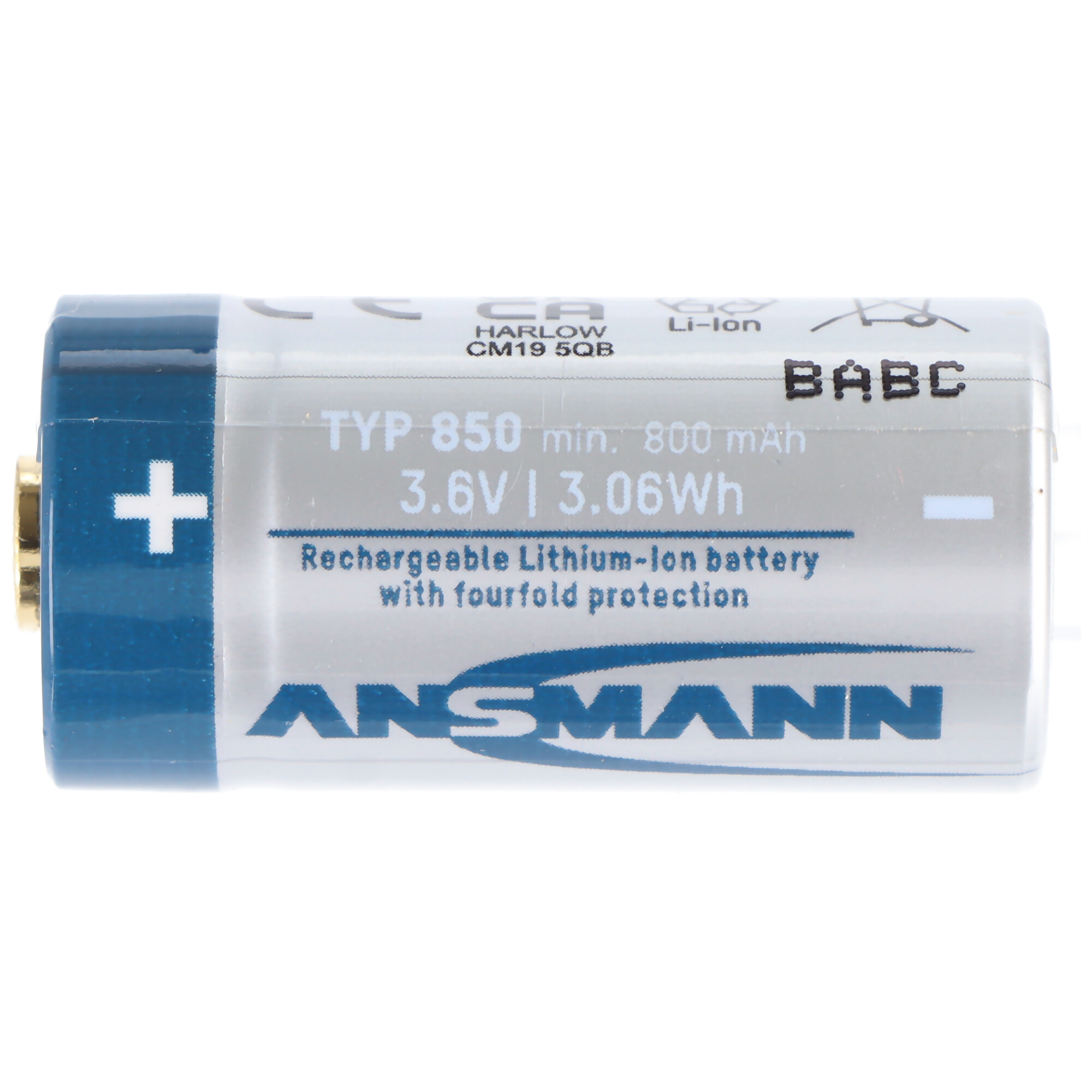 Eine zylindrische Batterie mit Plus- und Minuszeichen sowie ANSMANN und anderem Text.