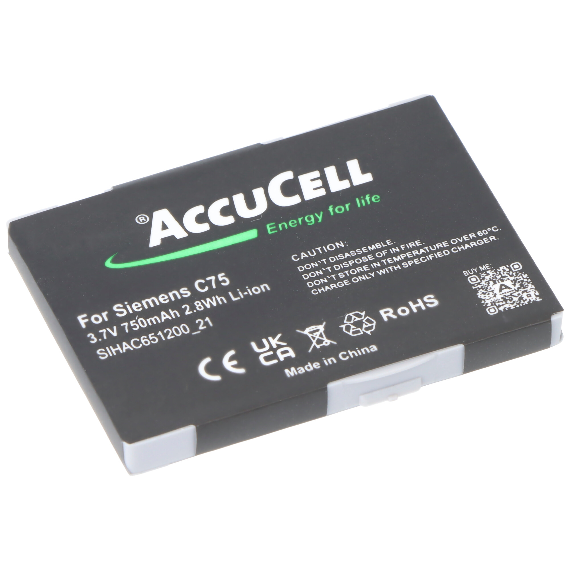 Schwarze AccuCell-Batterie für Siemens C75. Die Batterie hat Text und einen QR-Code, mit weißen Kanten.