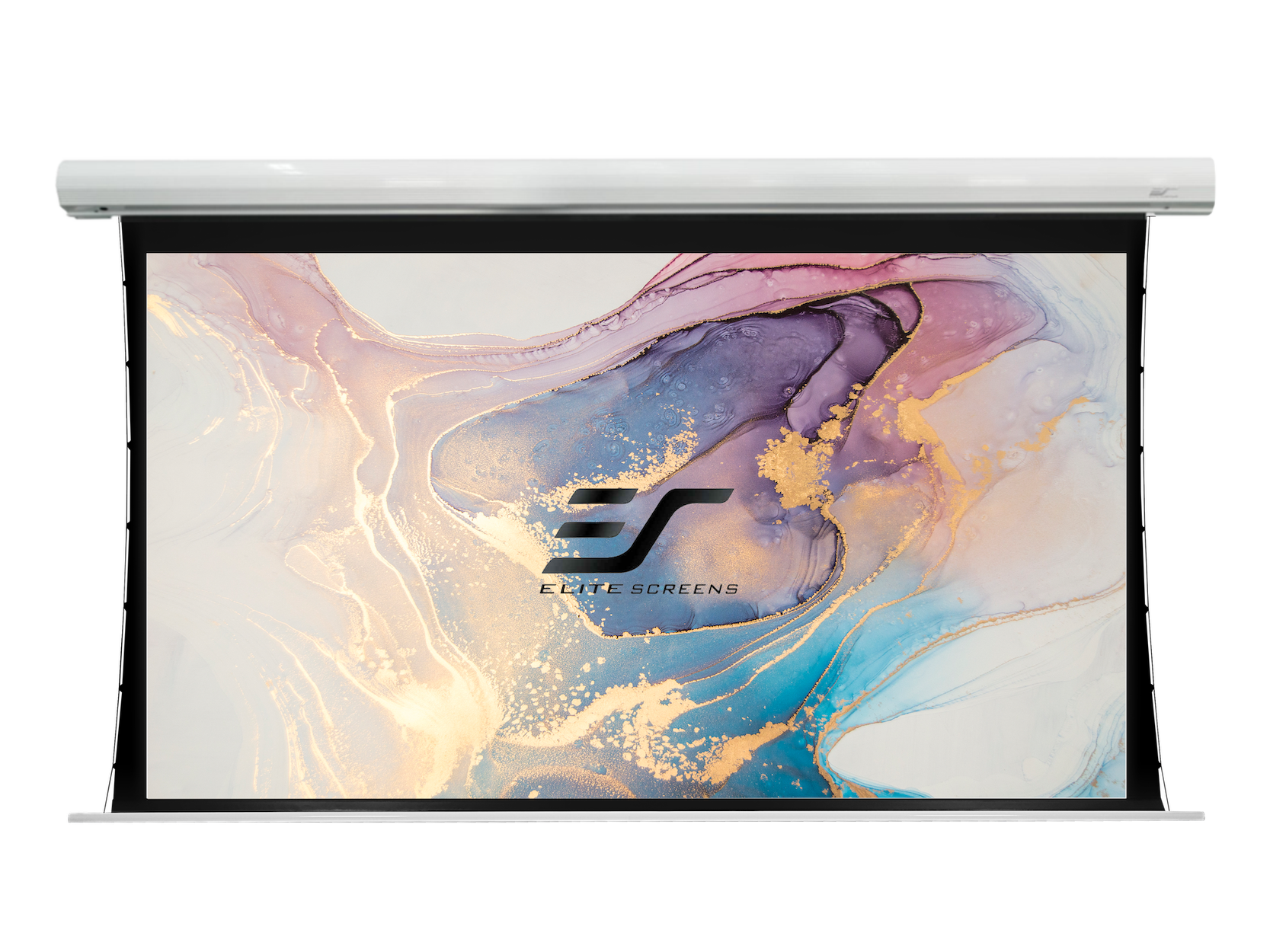 Schermo di proiezione bianco con immagine astratta colorata e la scritta Elite Screens.