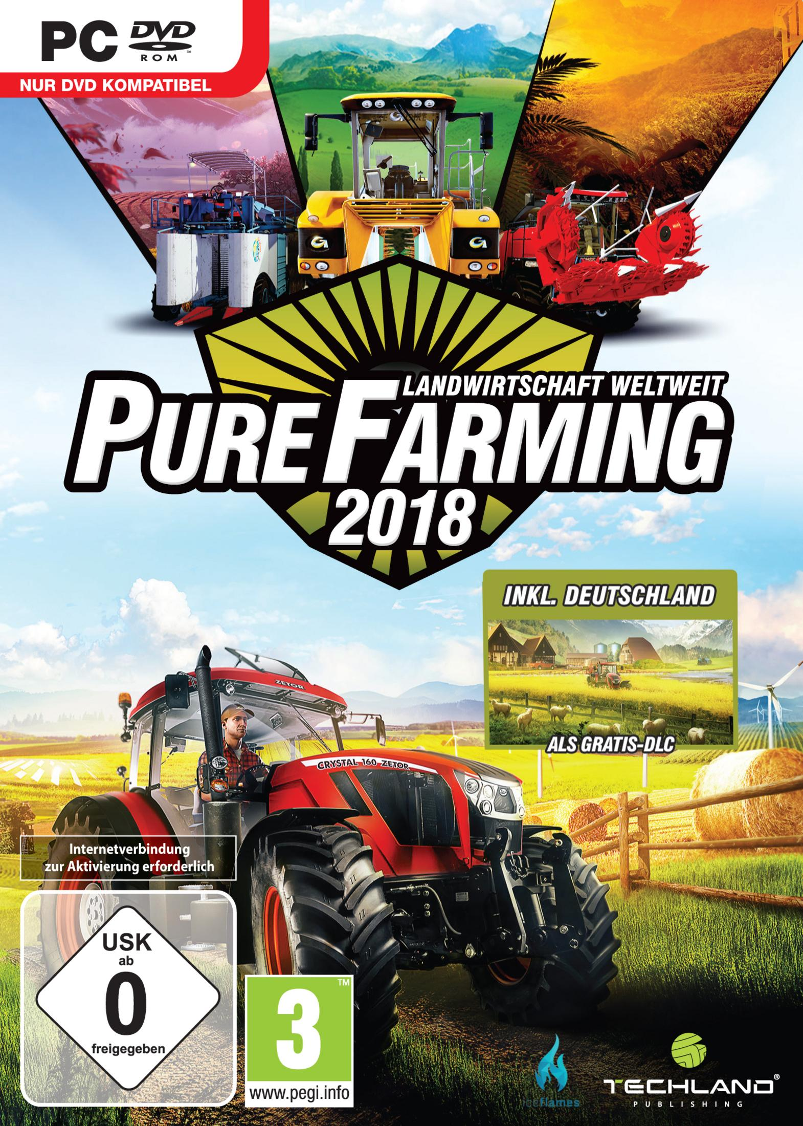 Pudełko gry 'Pure Farming 2018'. W tle traktory. Na pierwszym planie czerwony traktor.