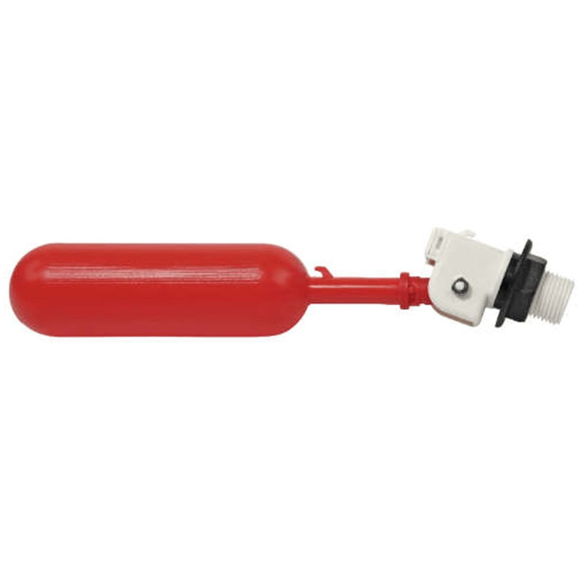 Ein rotes Schwimmerventil mit weißem und schwarzem Anschluss wird gezeigt. Der Schwimmer hat eine längliche ovale Form.