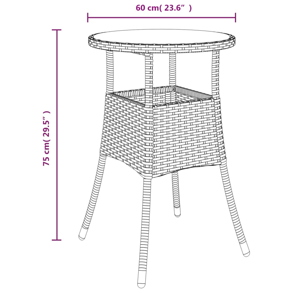 Wicker-Bartisch mit runder Oberseite, rechteckiger Basis und drei Beinen. Abmessungen: 75 cm Höhe, 60 cm Durchmesser.