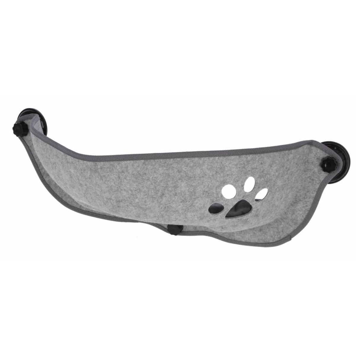 Graue Katzenhängematte mit Pfotenabdruck-Design, montiert mit Saugnäpfen.