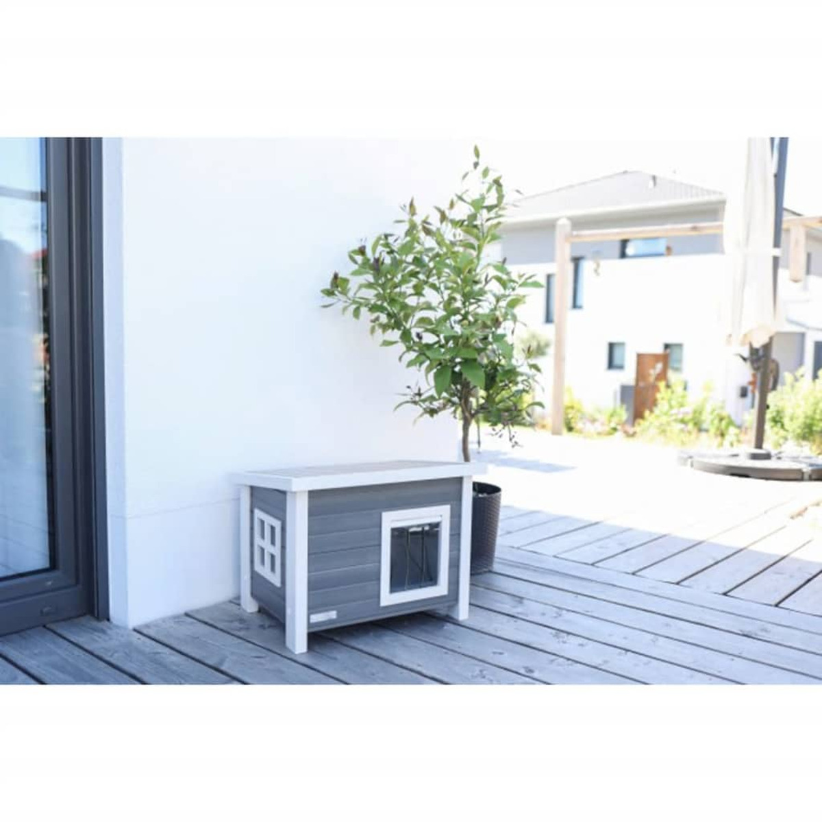 Casina grigia per gatti con finestre e porta su assi di legno, verde nelle vicinanze.