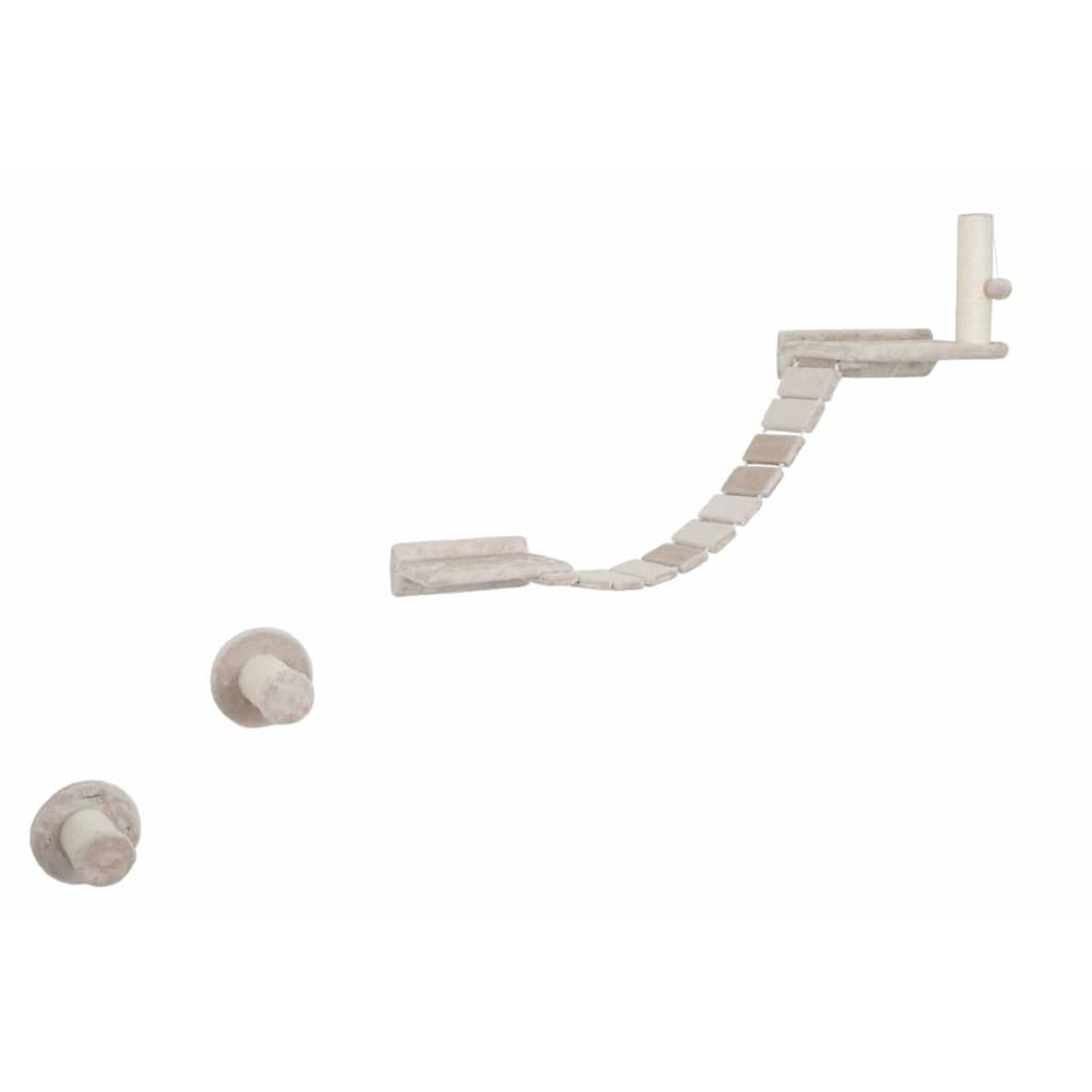 Albero per gatti con piattaforme, scala curva e tiragraffi, tutto in beige chiaro. Lo sfondo è bianco.