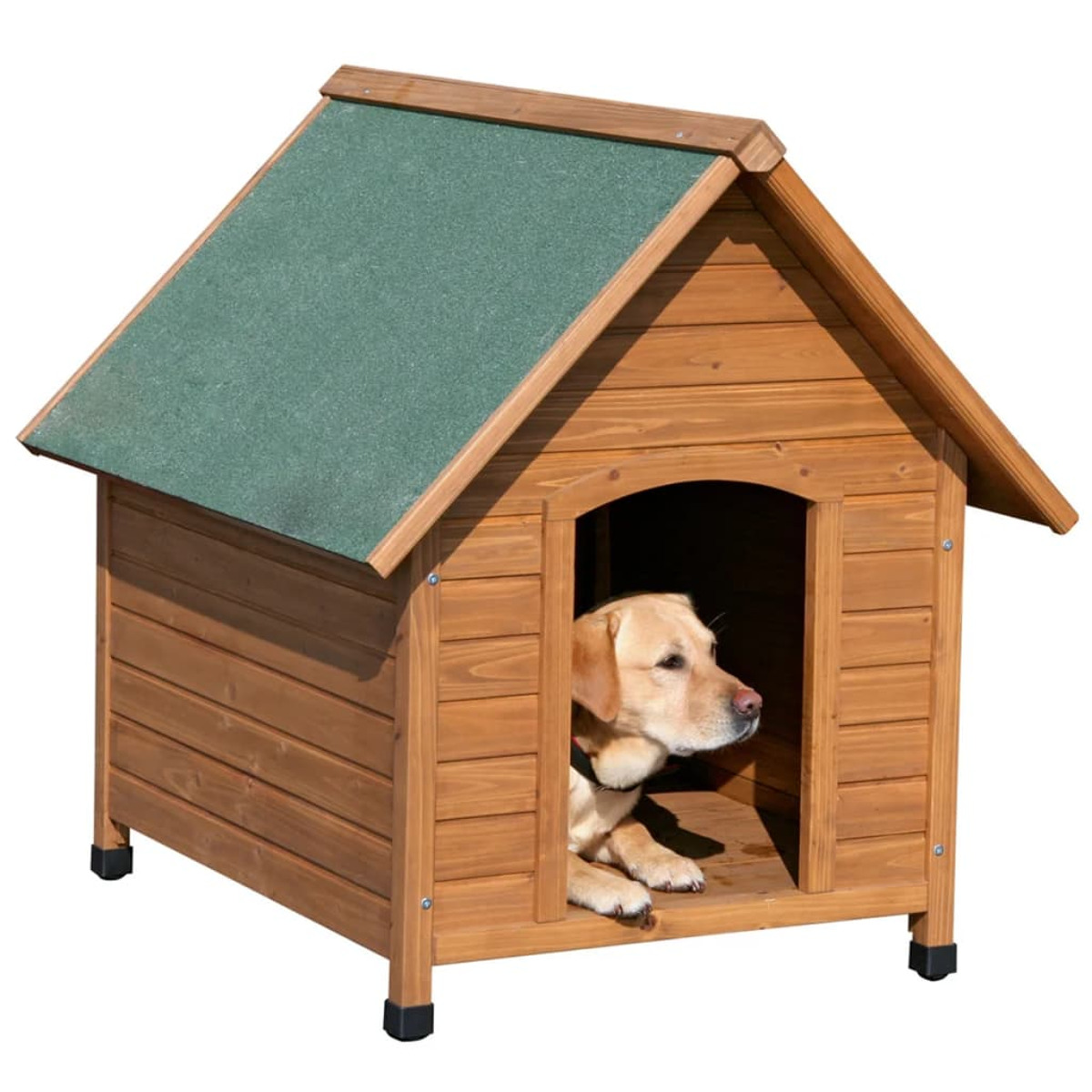 Cuccia in legno con tetto verde. Un labrador giallo è dentro.