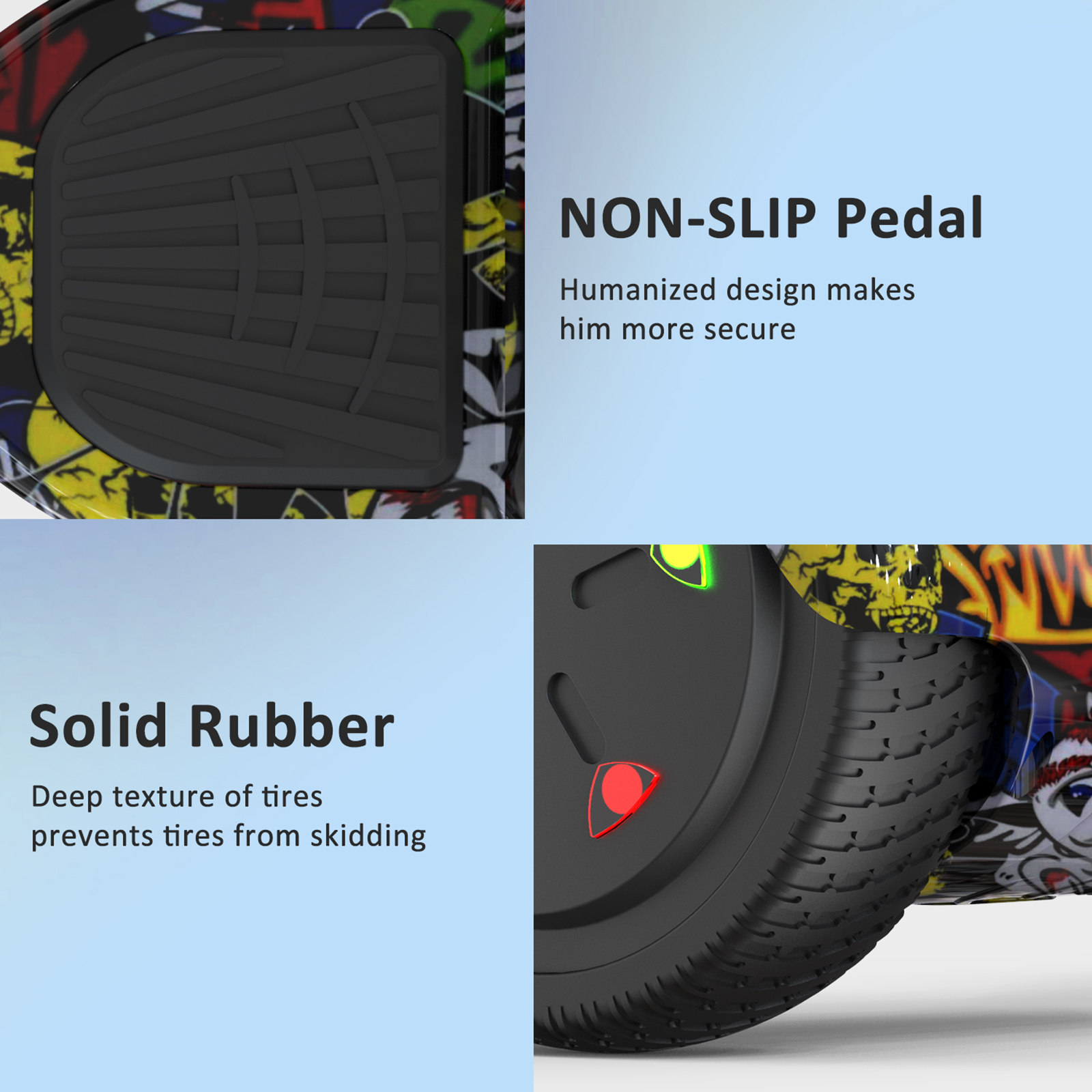 Nahaufnahme von Hoverboard-Teilen. Das Bild zeigt ein rutschfestes Pedal und solide Gummireifen mit tiefem Profil.