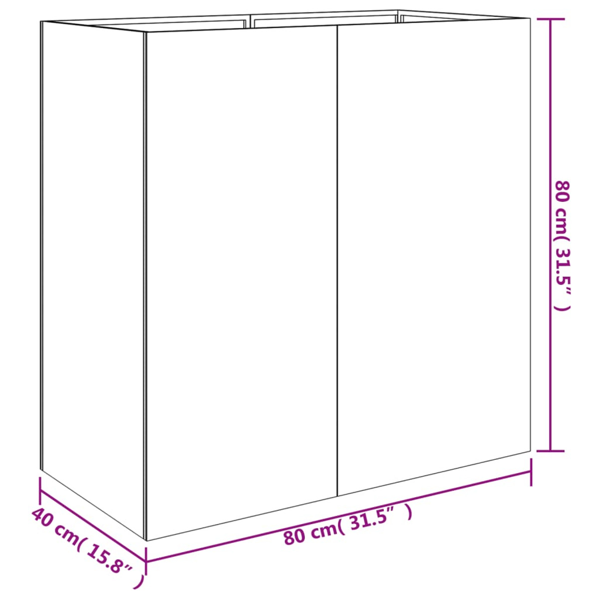 Ein weißer Schrank mit den Maßen 80cm x 40cm x 80cm, dargestellt mit Messlinien.