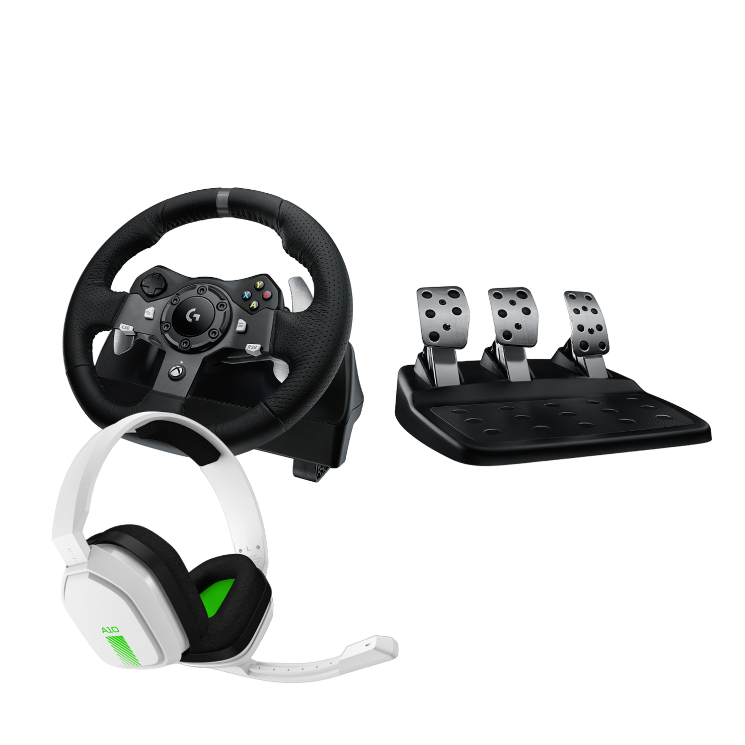 Configuration de jeu: volant, pédales et casque. Schéma de couleurs noir et blanc. Fond noir.