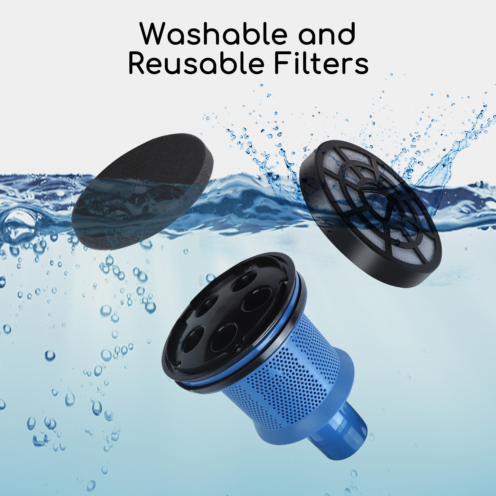 Tres filtros lavables y reutilizables flotando en agua, con salpicaduras y burbujas.