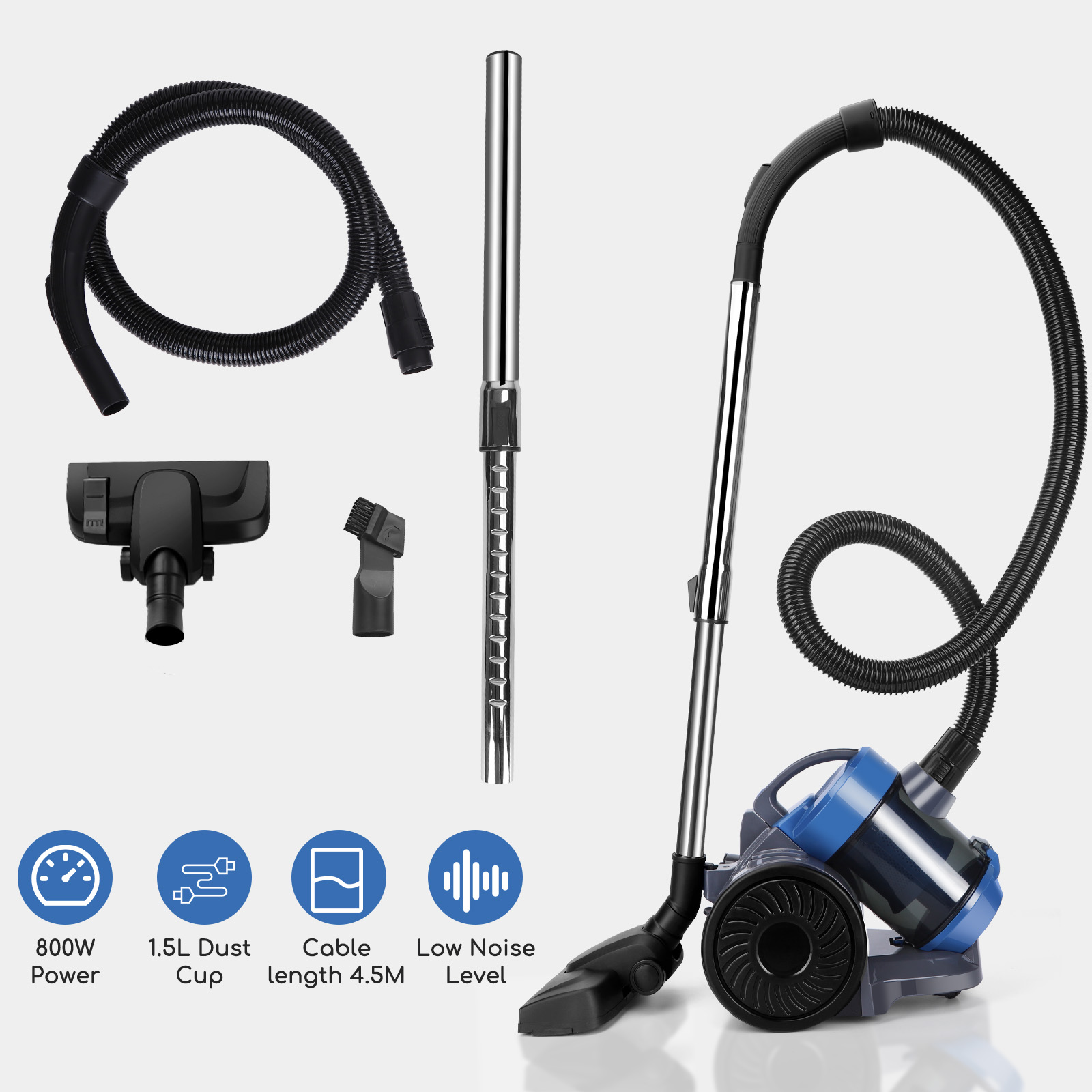 Una aspiradora azul y negra con accesorios e iconos que indican potencia, capacidad de polvo y longitud del cable.