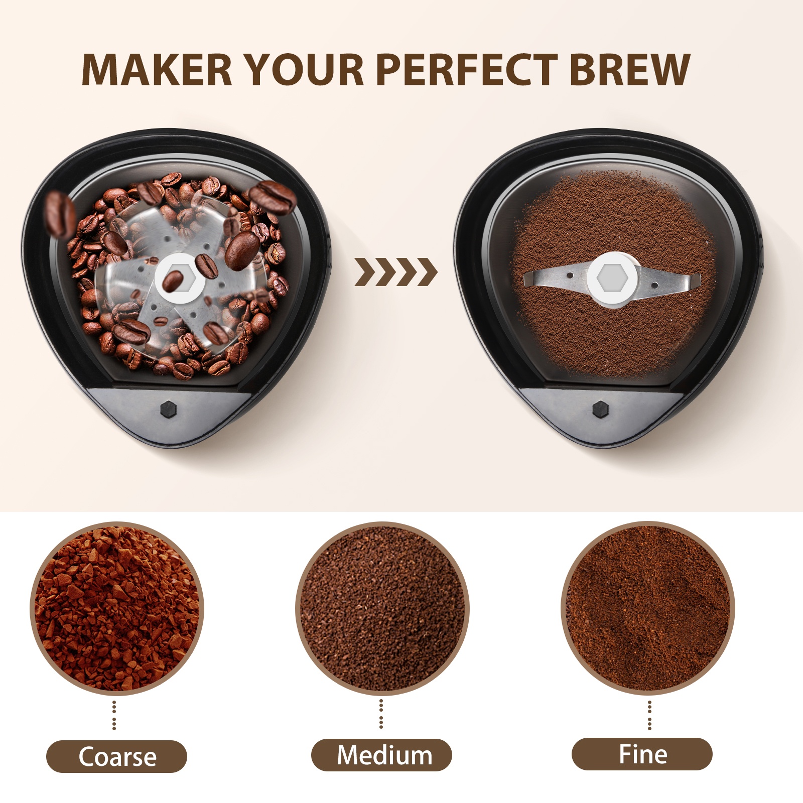 Kaffeemühle mit Bohnen und Kaffeeproben. Grob, mittel und fein gemahlener Kaffee.
