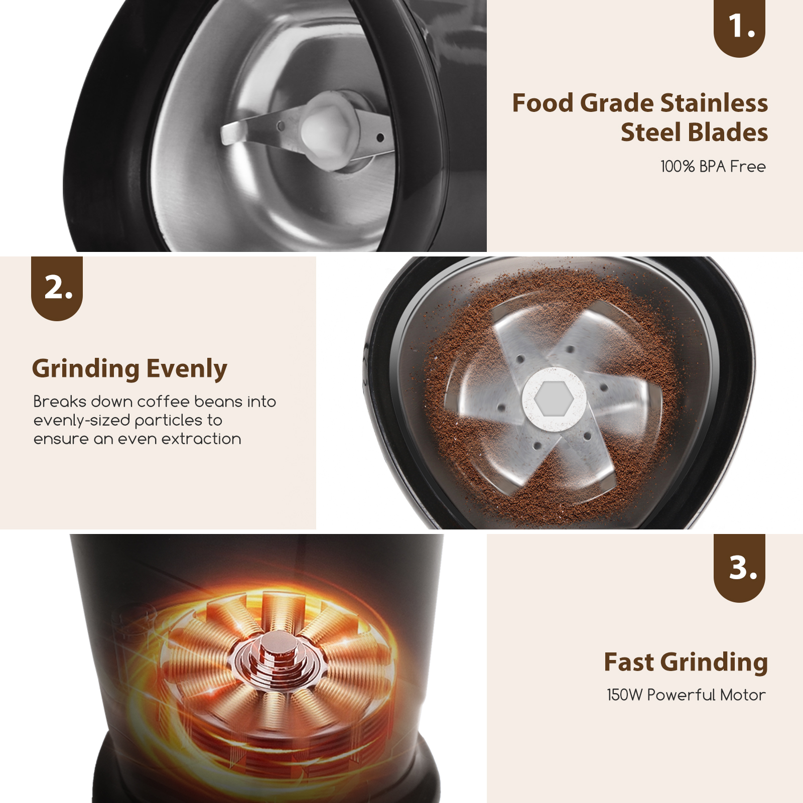 Nahaufnahmen, die eine Kaffeemühle mit Edelstahlklingen, das Mahlen von Kaffee und einen Motor zeigen.