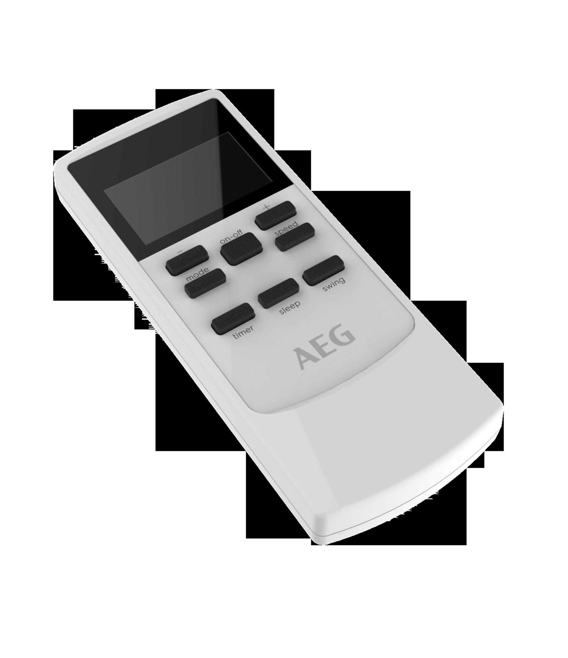 Biały pilot AEG. Posiada przyciski do trybu, timera i innych funkcji.