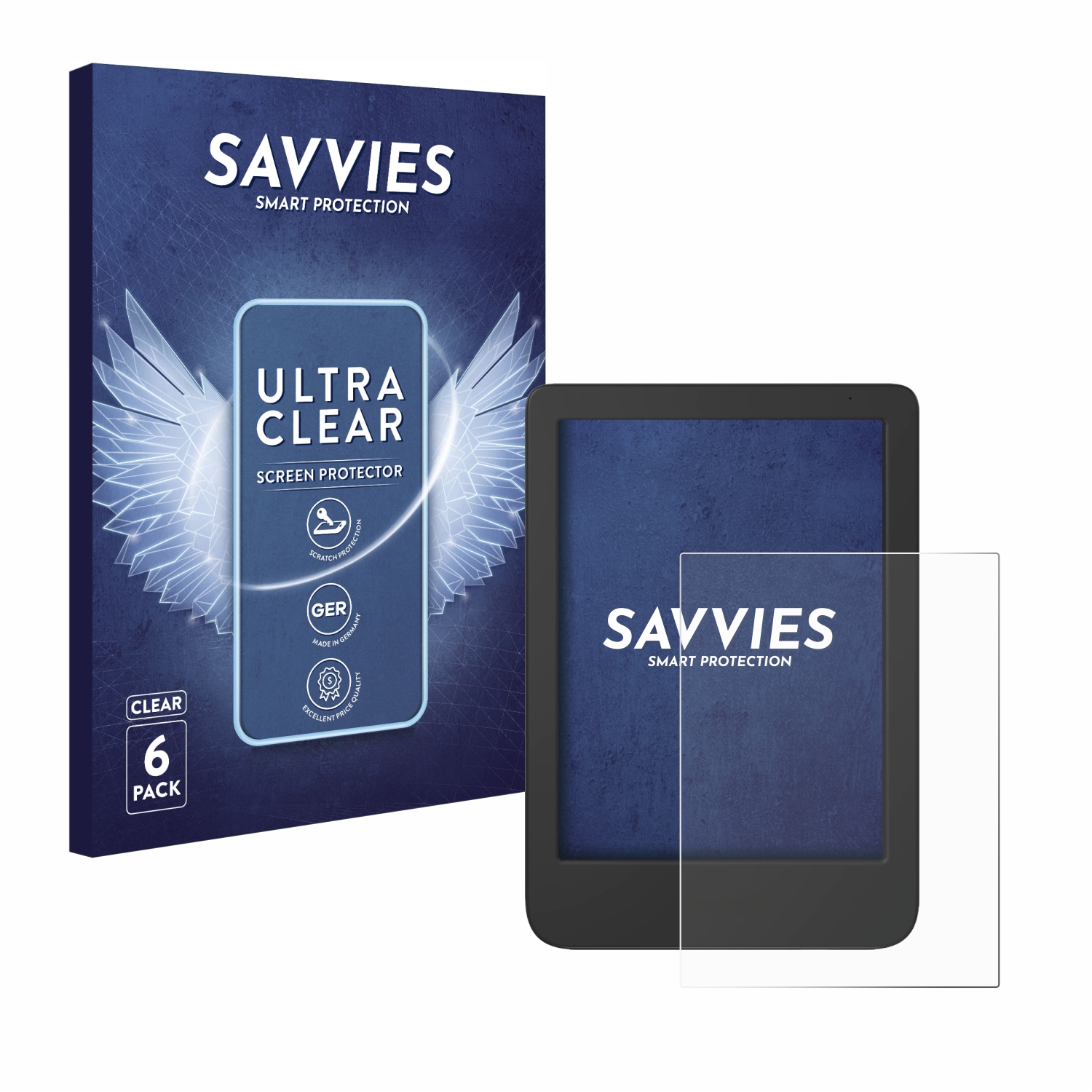 Bildschirmschutzverpackung und ein E-Reader mit angebrachtem klarem Bildschirmschutz.