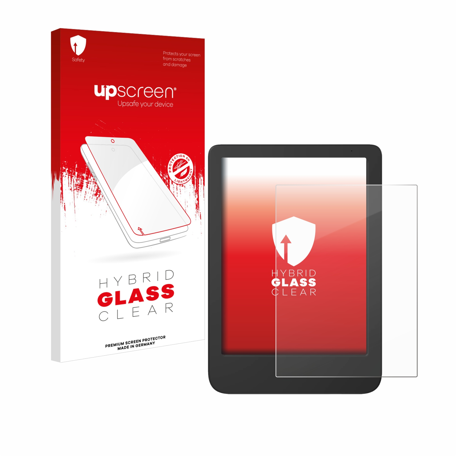 E-Reader-Displayschutzfolie mit Box. Klare Displayschutzfolie liegt auf dem E-Reader. Die Box hat eine Zeichnung.