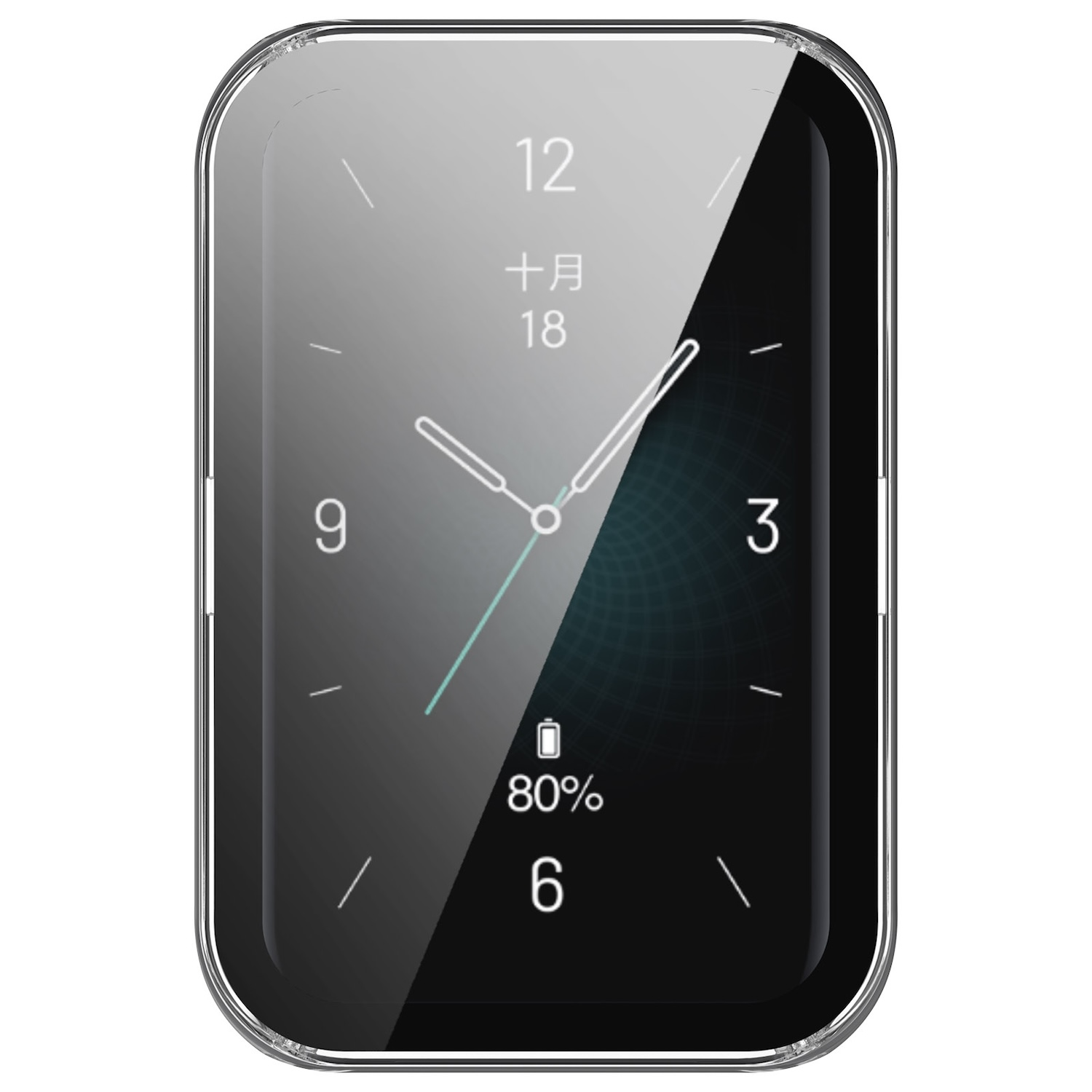 Ein Smartwatch-Zifferblatt mit Digitaluhr, Kalenderdatum und Akkustand, mit schwarzer Lünette.