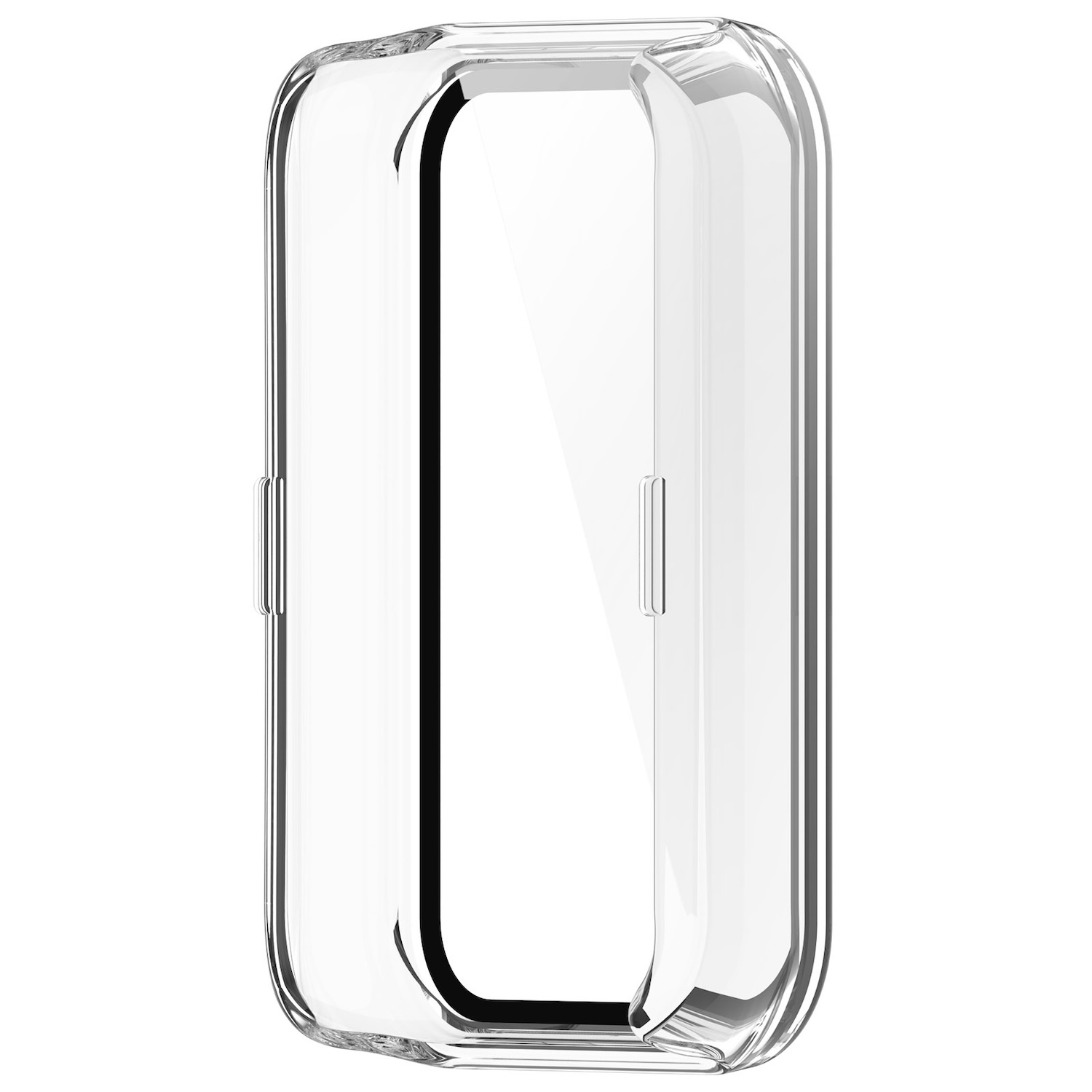 Eine transparente Schutzhülle für ein Telefon, mit offener Oberseite, vor weißem Hintergrund.