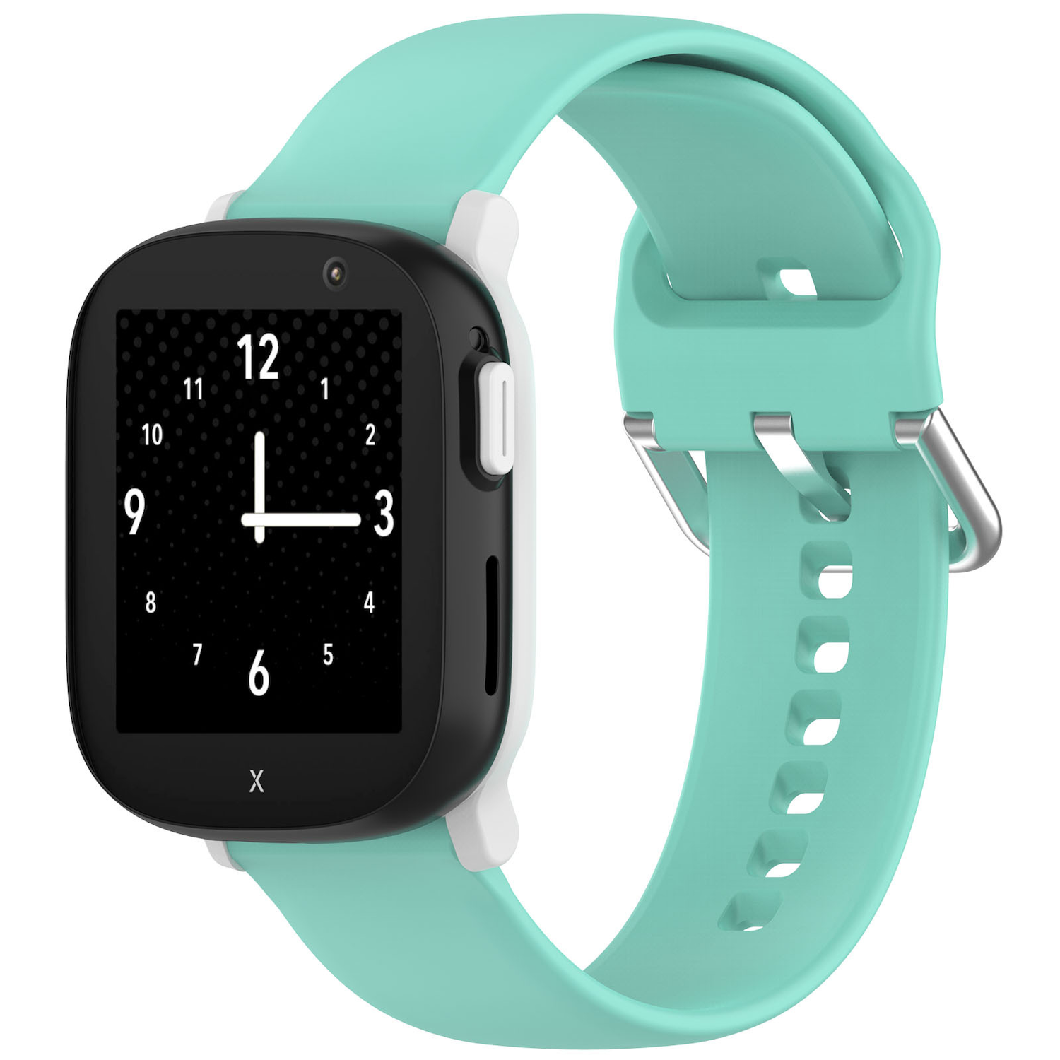 Schwarz-weiße Smartwatch mit türkisfarbenem Armband mit Ziffernblatt.