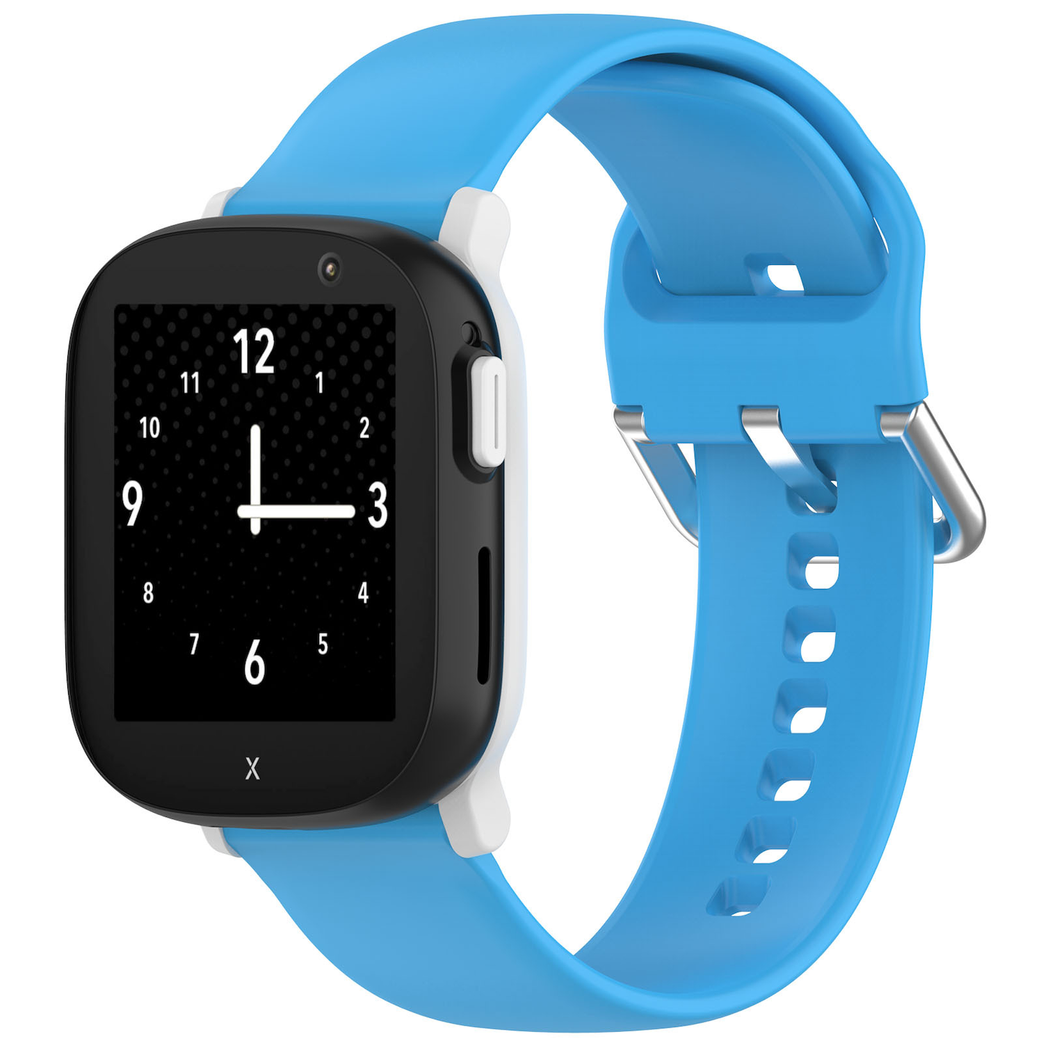 Smartwatch mit blauem Armband und schwarzem Bildschirm. Weiß und schwarz.
