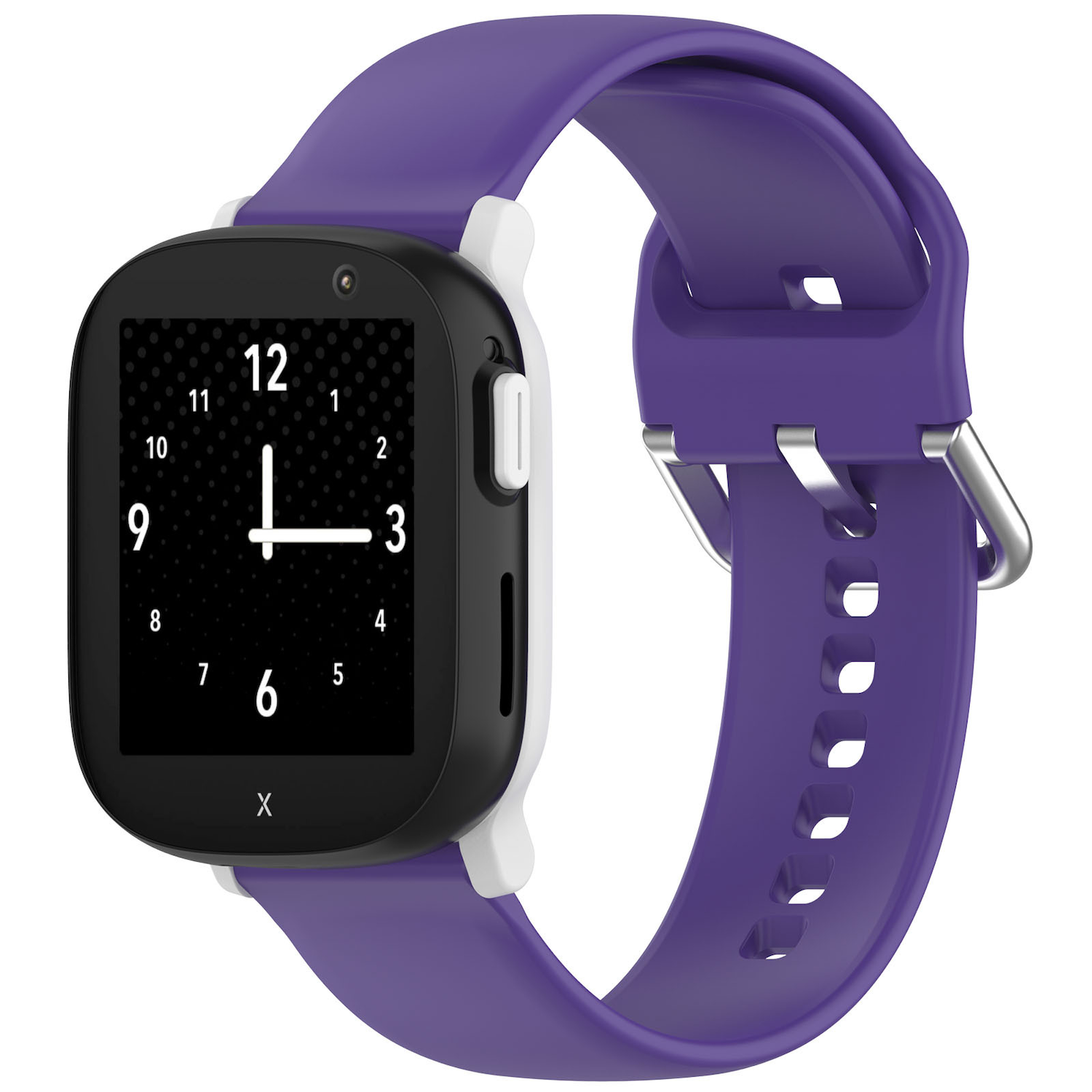 Eine violette Smartwatch mit schwarzem Bildschirm. Der Bildschirm zeigt die Uhrzeit. Das Armband ist lila.