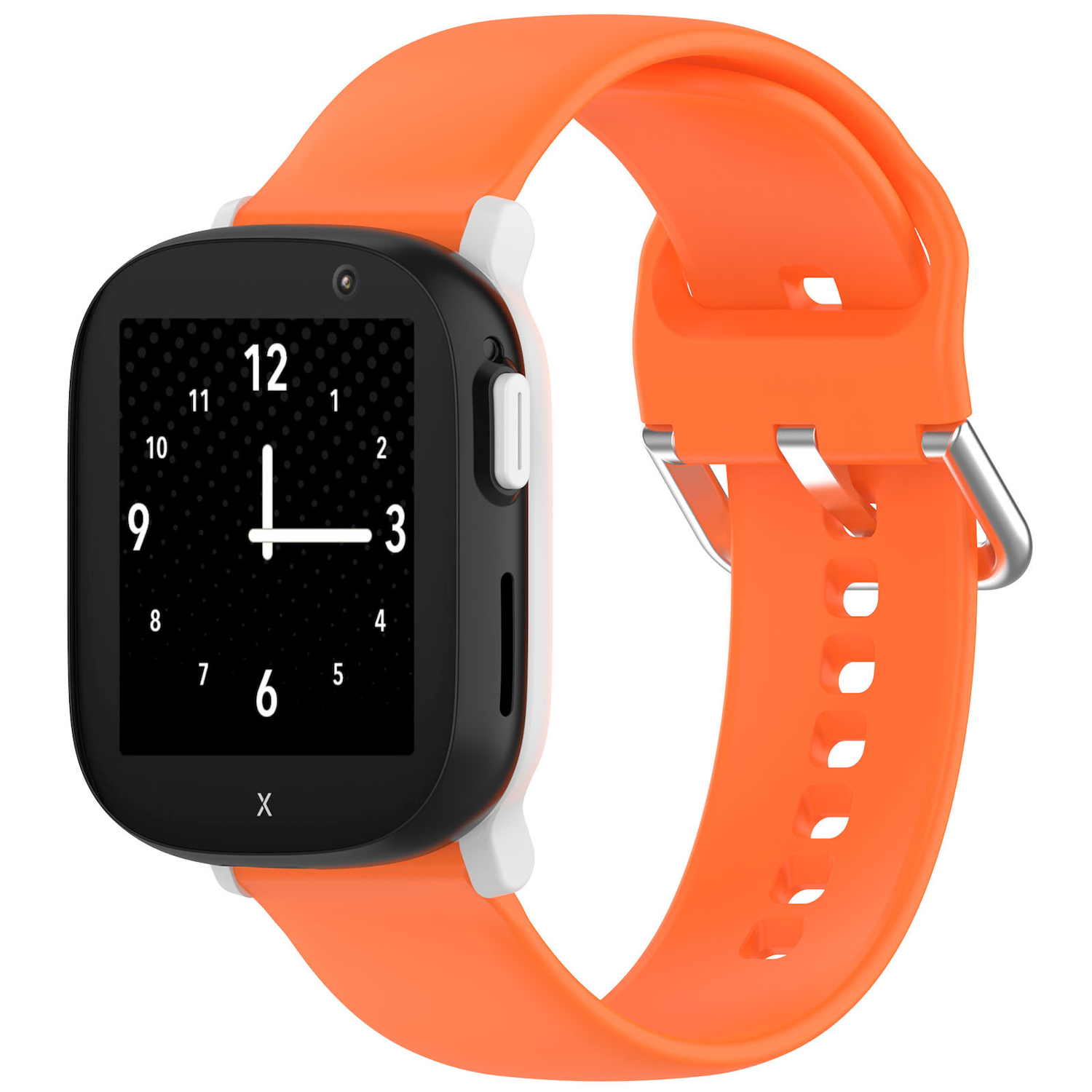Orangefarbene Smartwatch mit schwarzem Bildschirm, der die Zeit anzeigt.
