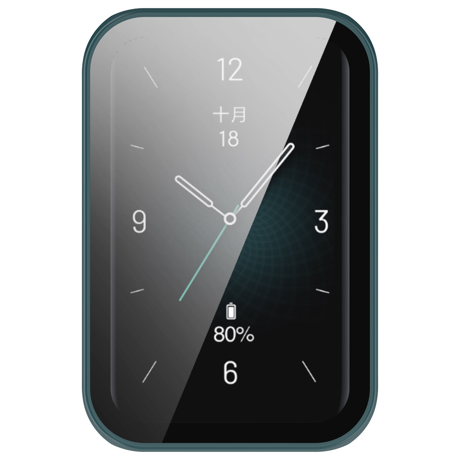 Smartwatch mit Ziffernblatt. Die Anzeige zeigt Uhrzeit, Datum und Akkustand.