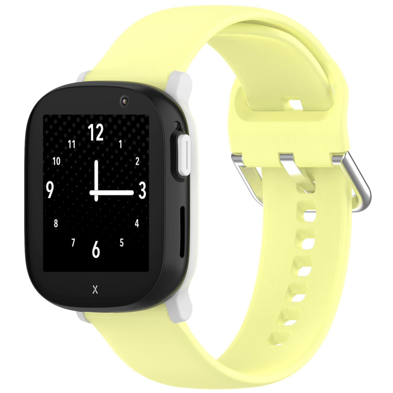 Gelbe Smartwatch mit schwarzem Zifferblatt. Zahlen auf dem Zifferblatt. Gelbes Armband ist angeschlossen.
