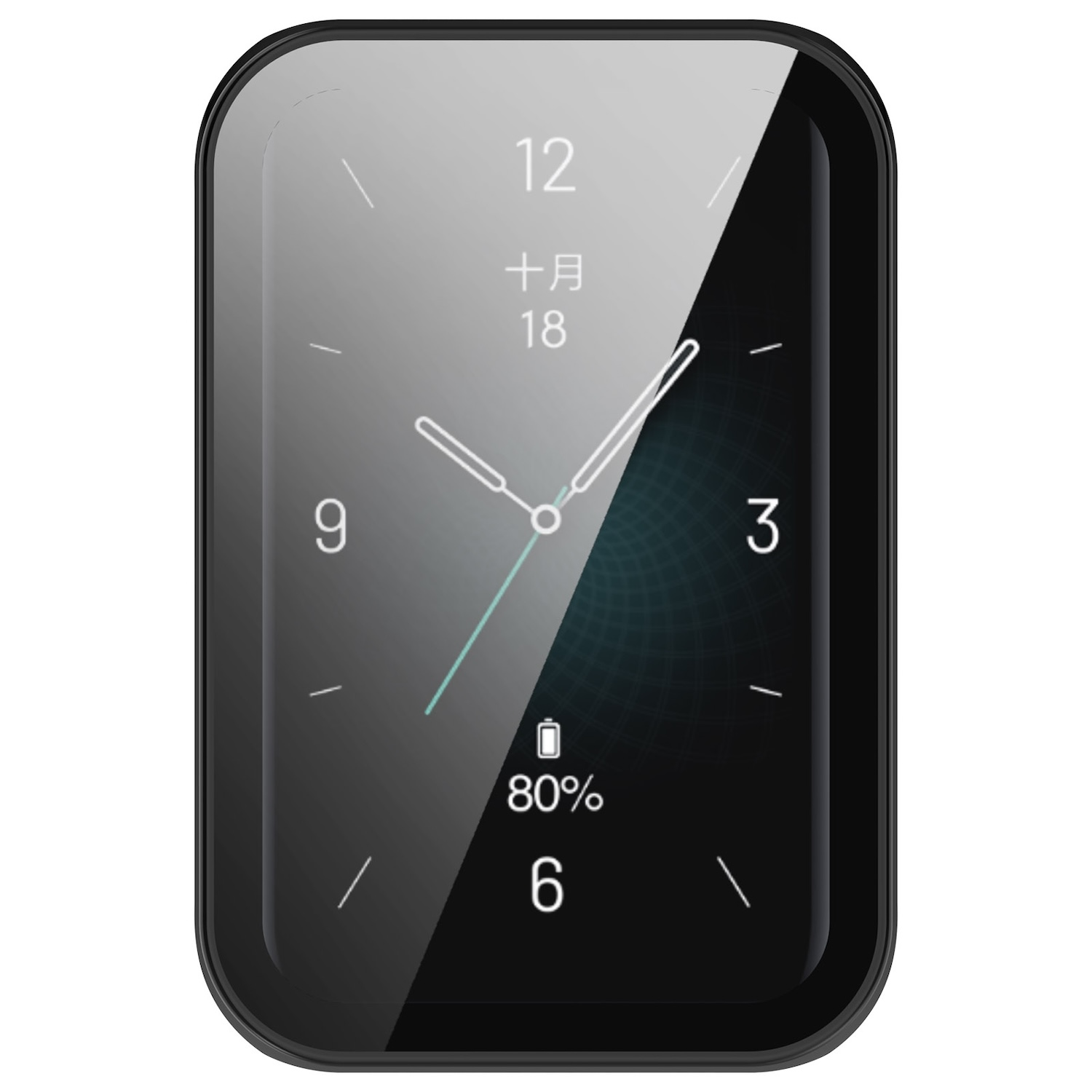 Eine schwarze rechteckige Smartwatch zeigt Zeit und Akkustand an. Zahlen und Linien sind sichtbar.