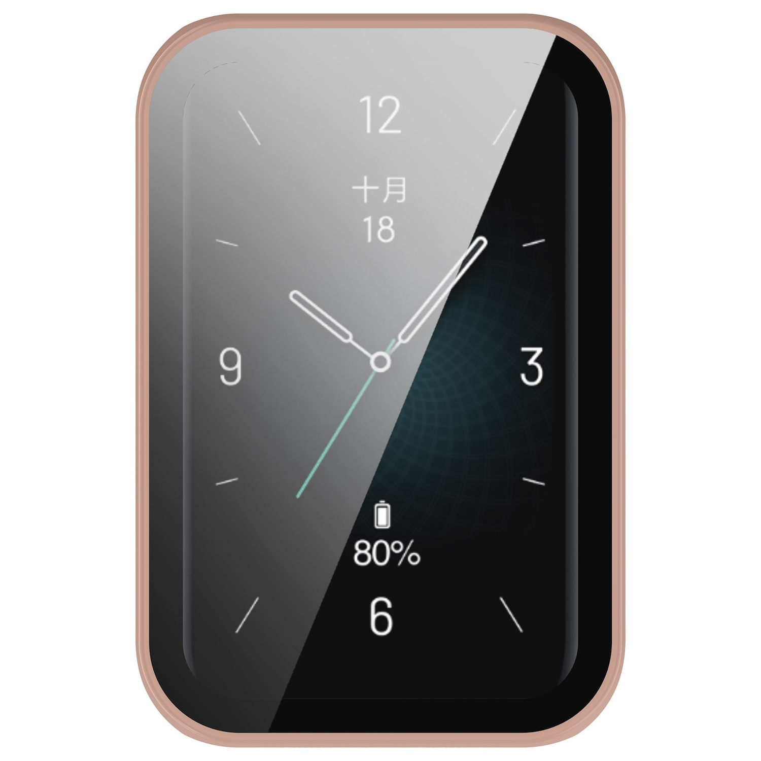 Ein Smartwatch-Zifferblatt zeigt Zeit, Datum und Akkulaufzeit an. Die Uhr hat einen roségoldenen Rahmen.