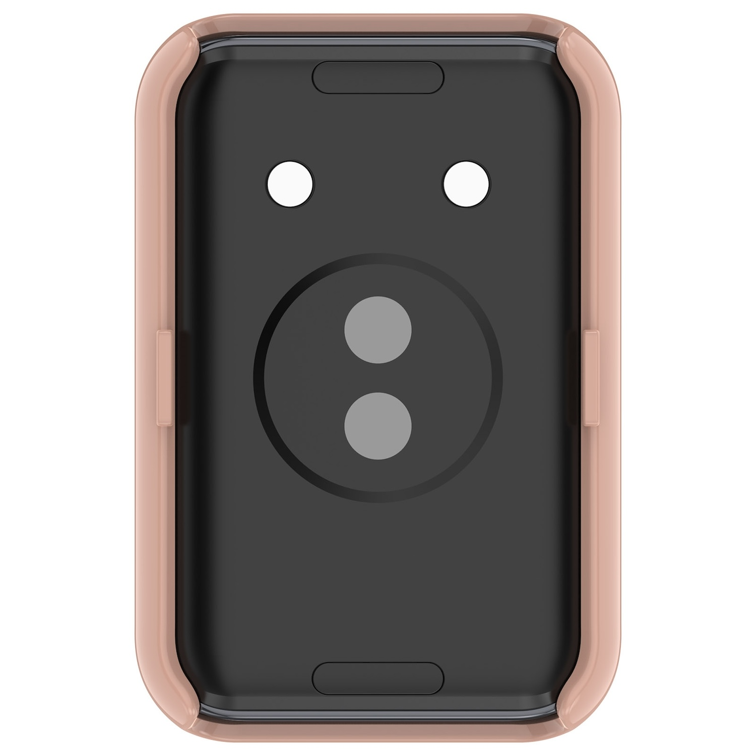 Die Rückseite einer Smartwatch, hellrosa Gehäuse, schwarze Mitte und zwei Kreise, zwei kleine Löcher oben.