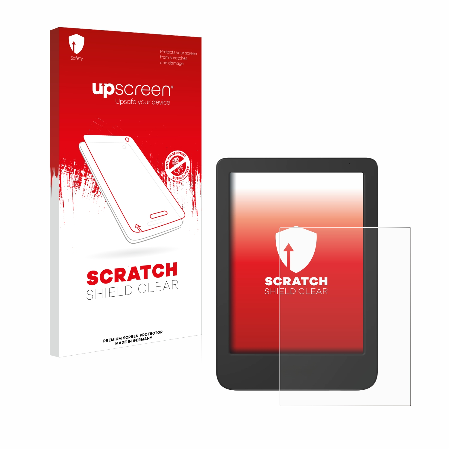 Ein Displayschutz-Kit mit roter Box und einem Tablet mit klarer Schutzfolie.