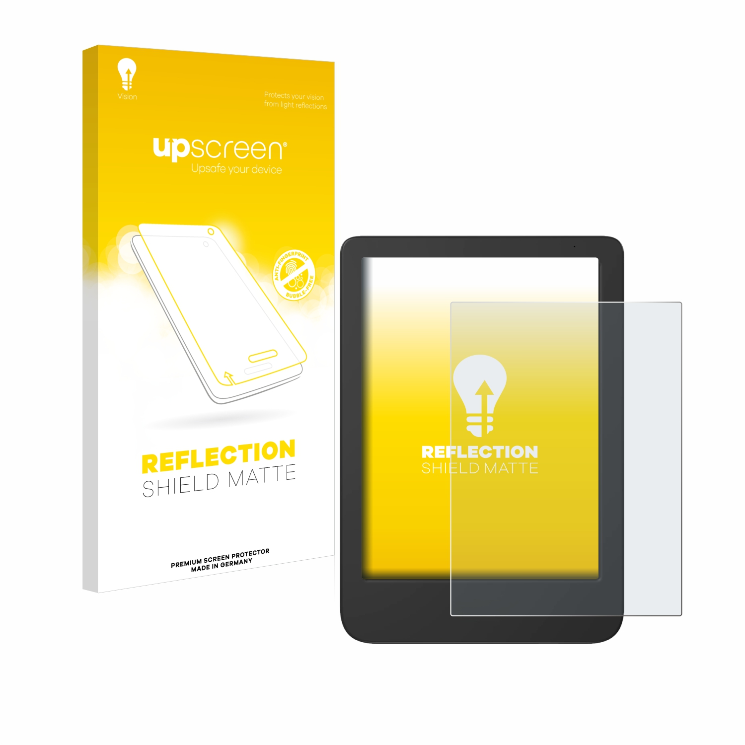 E-Reader mit einem Reflection Shield Matte Bildschirmschutz und dessen Verpackung.