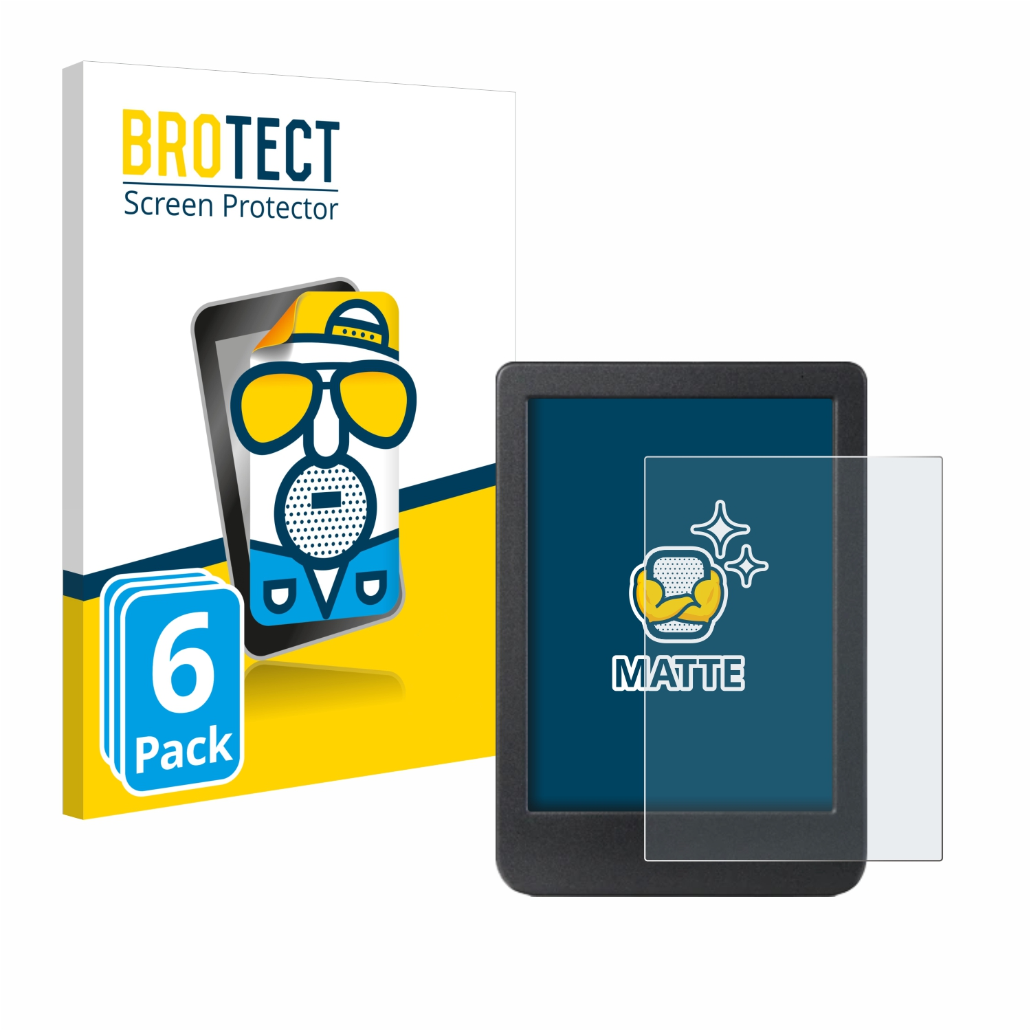 E-Reader mit Displayschutzfolie, Schachtel mit Displayschutzfolien-Grafik und den Worten 'BROTECT Screen Protector'.
