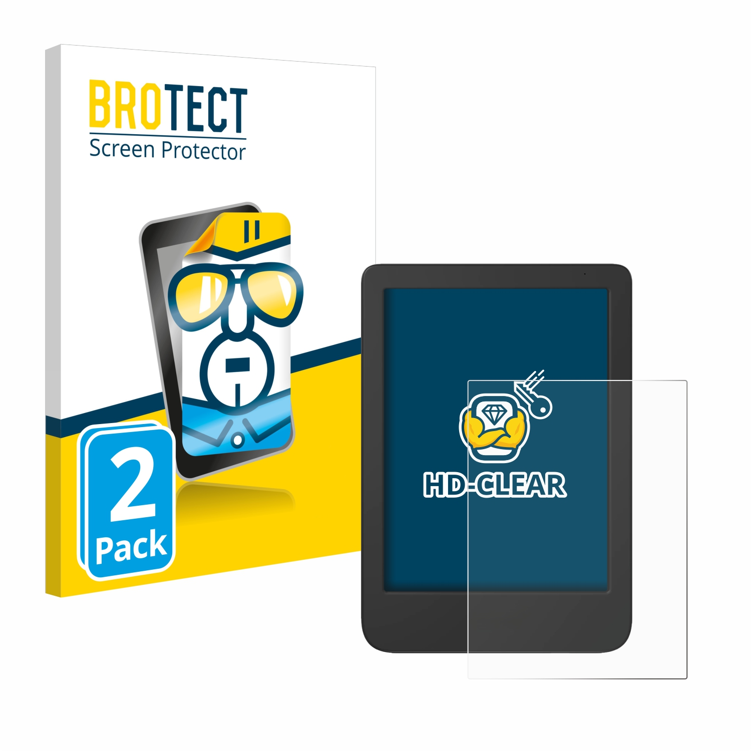 Schwarzes Gerät mit Displayschutzfolie und Box. Der Schutz ist klar. Die Box ist weiß und gelb.