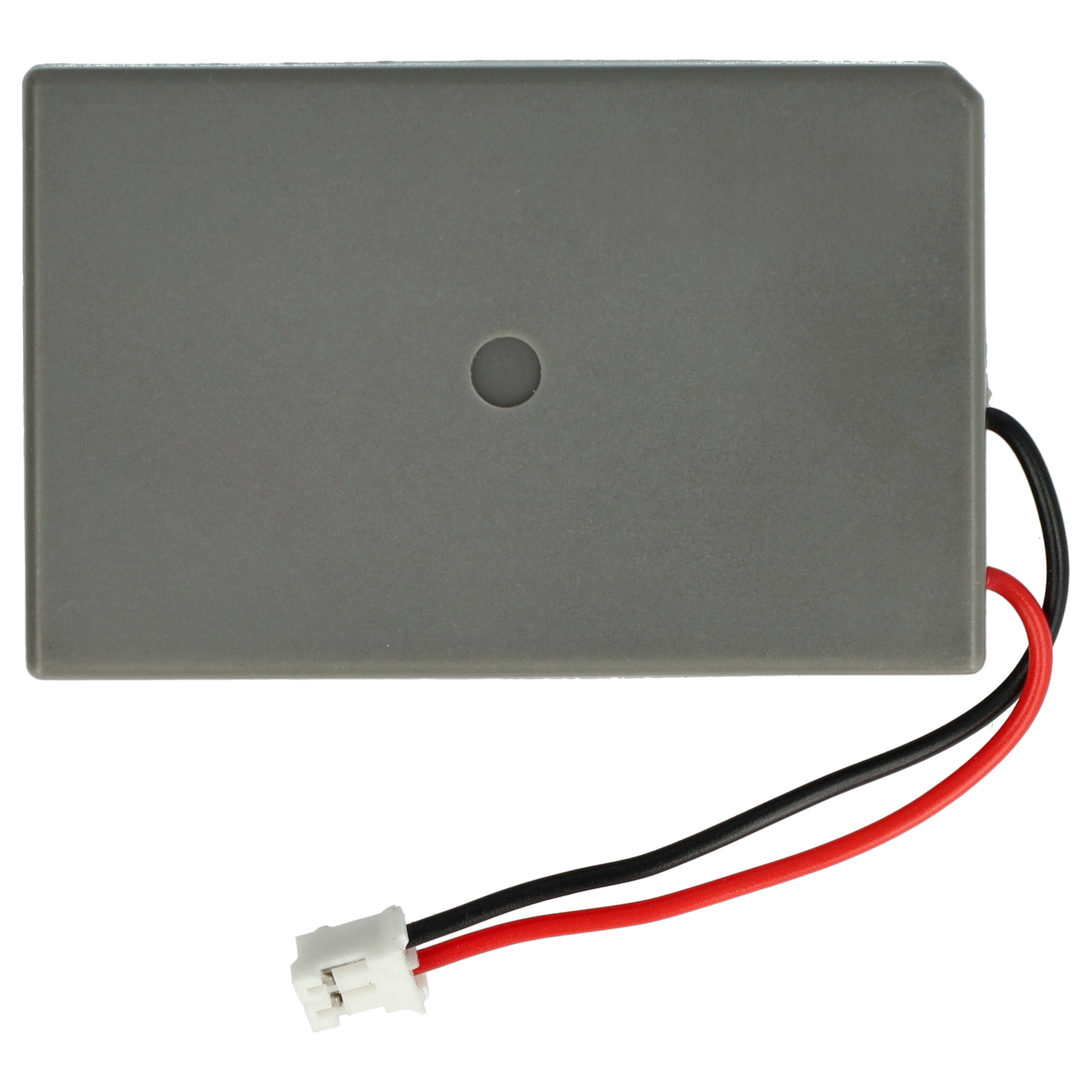Eine graue Batterie mit zwei Drähten, rot und schwarz, an einem weißen Stecker.