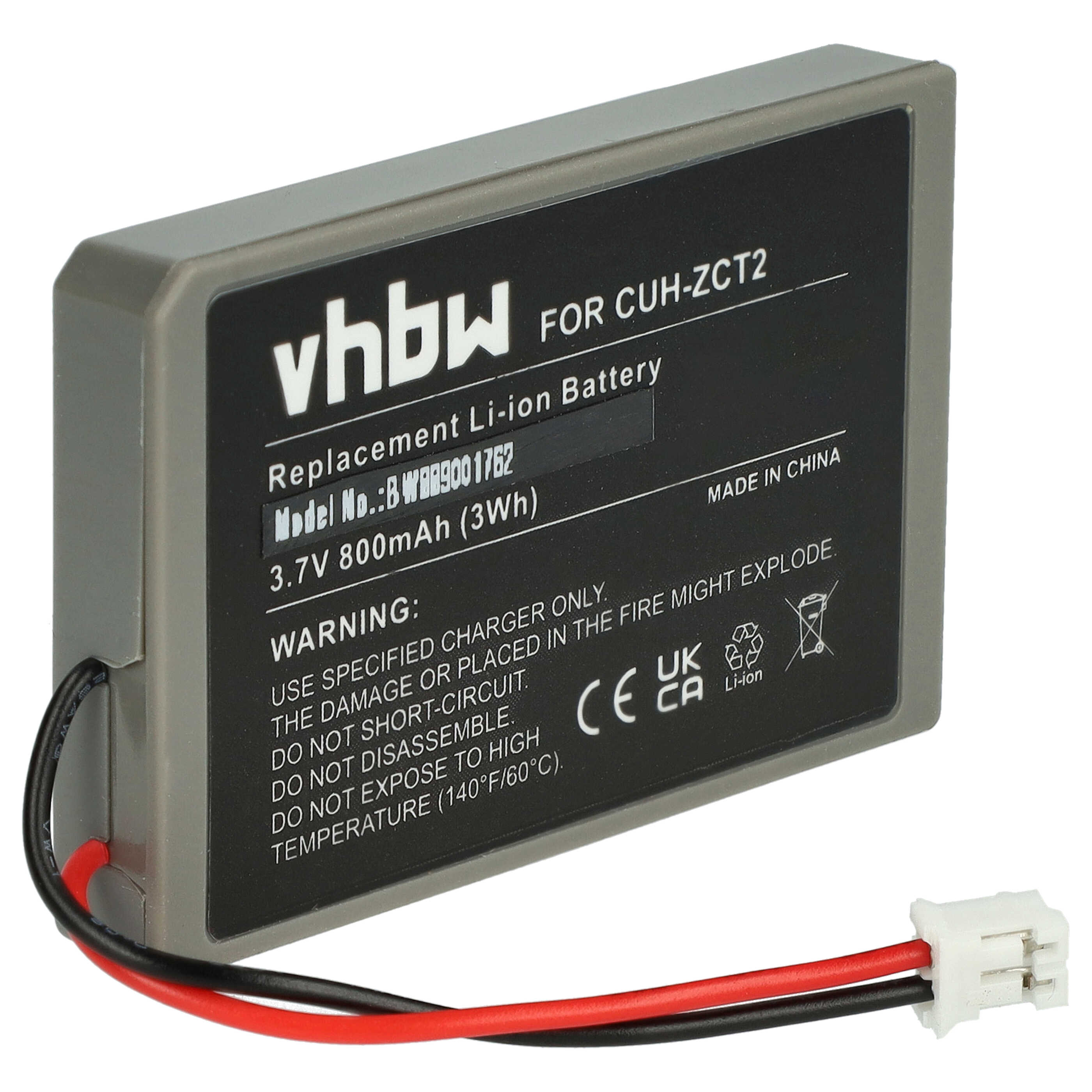 Graue Batterie mit schwarzen und roten Drähten und weißem Stecker. Text auf der Batterie.