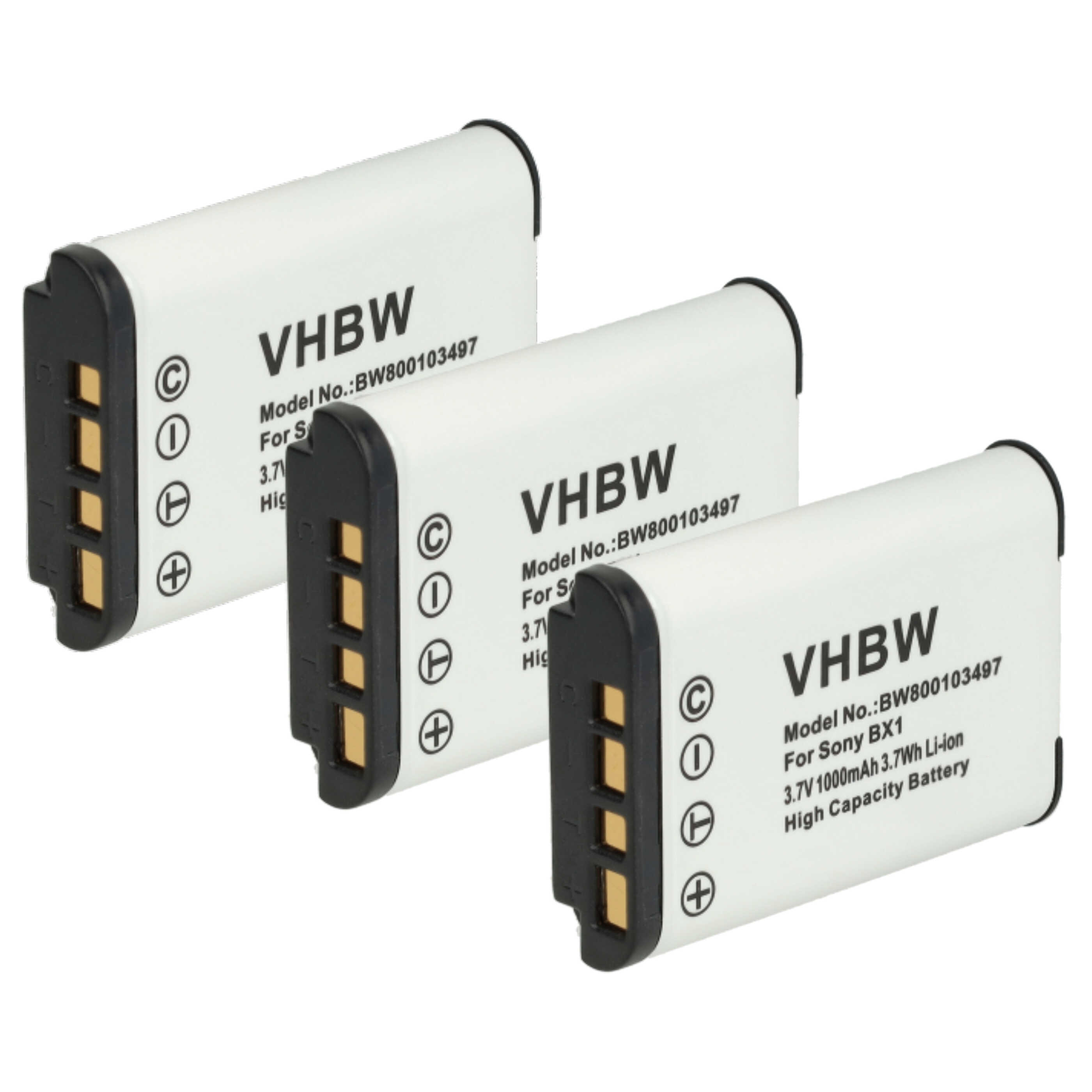 Drei weiße VHBW Batterien. Sie haben schwarze Oberteile und Anschlüsse. Text sagt für Sony BX1.