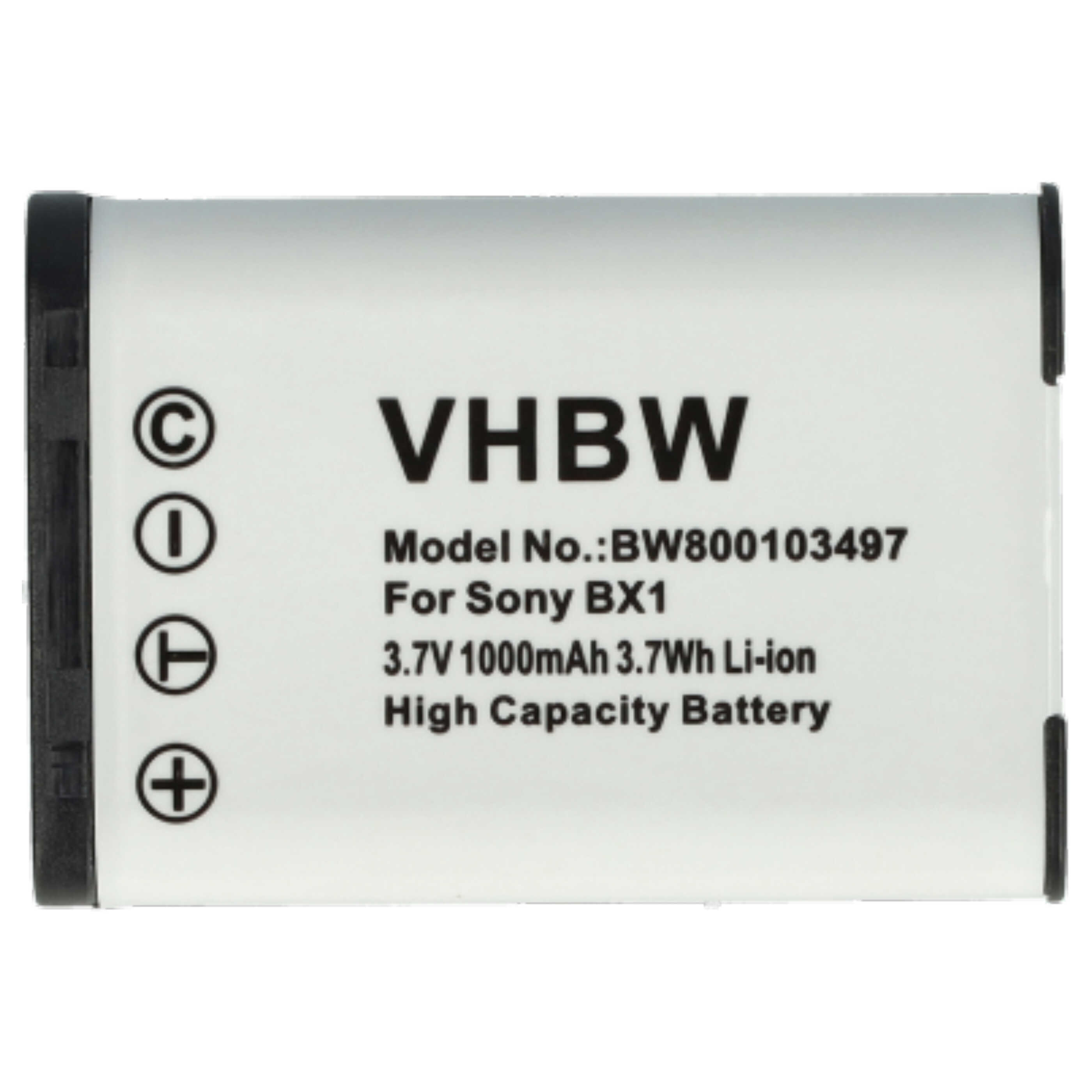 Weiß-schwarzer Akku mit Text und Symbolen, darunter 'VHBW' und 'For Sony BX1'.