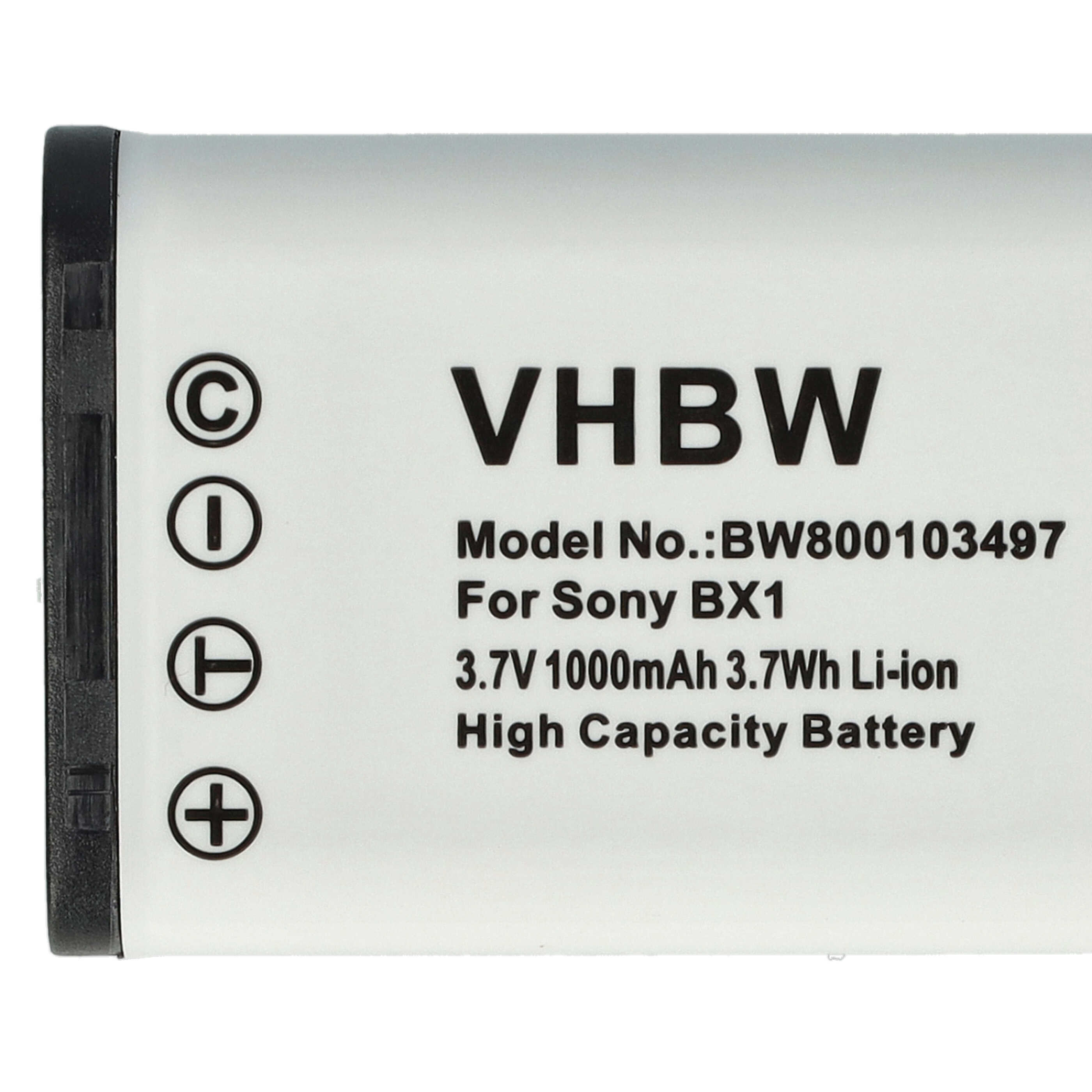 Eine weiße VHBW-Batterie mit Text und Symbolen für eine Sony Kamera.