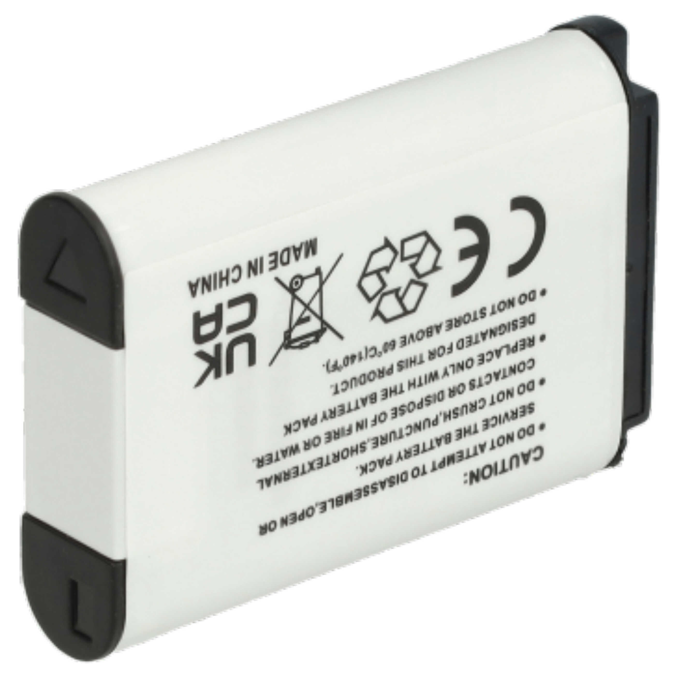 Eine weiße Batterie mit schwarzen Akzenten. UK- und CA-Symbole sind sichtbar. Text ist vorhanden.