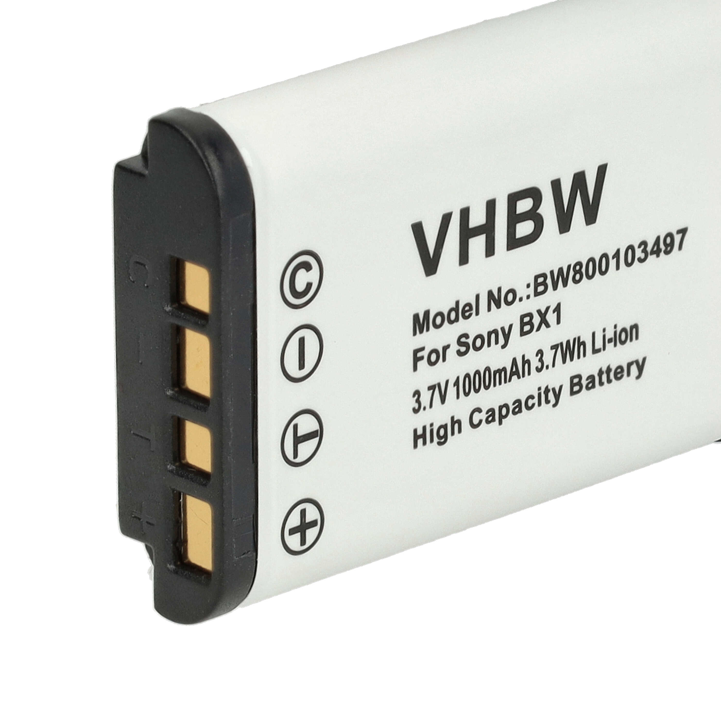 Eine weiße Batterie mit dem Text VHBW, Modellnummer und 3,7 V 1000 mAh 3,7 Wh Li-Ion-Batterieinformationen.