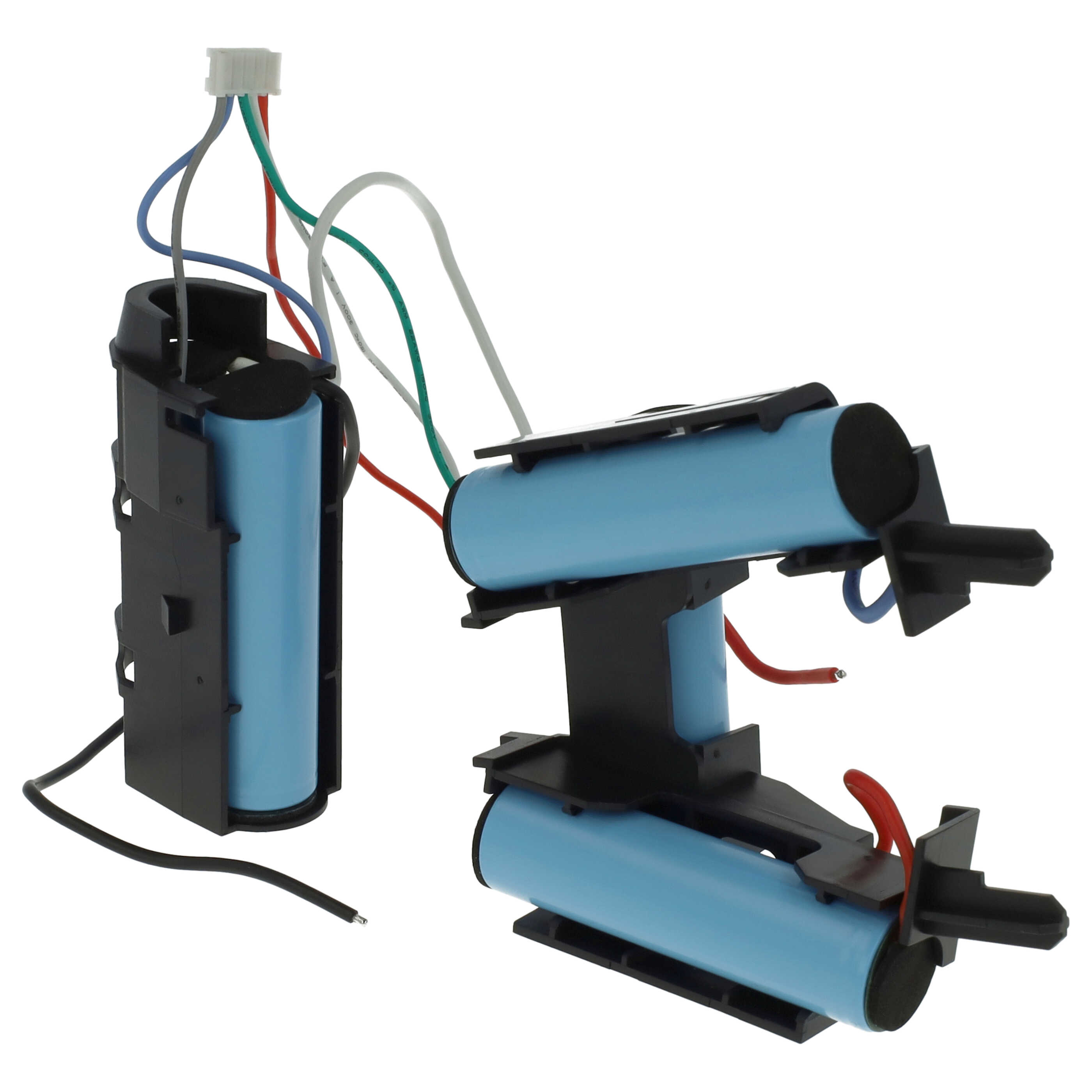 Batteriepack mit blauen zylindrischen Zellen und Drähten, schwarzen Haltern und Anschlüssen auf weißem Grund.