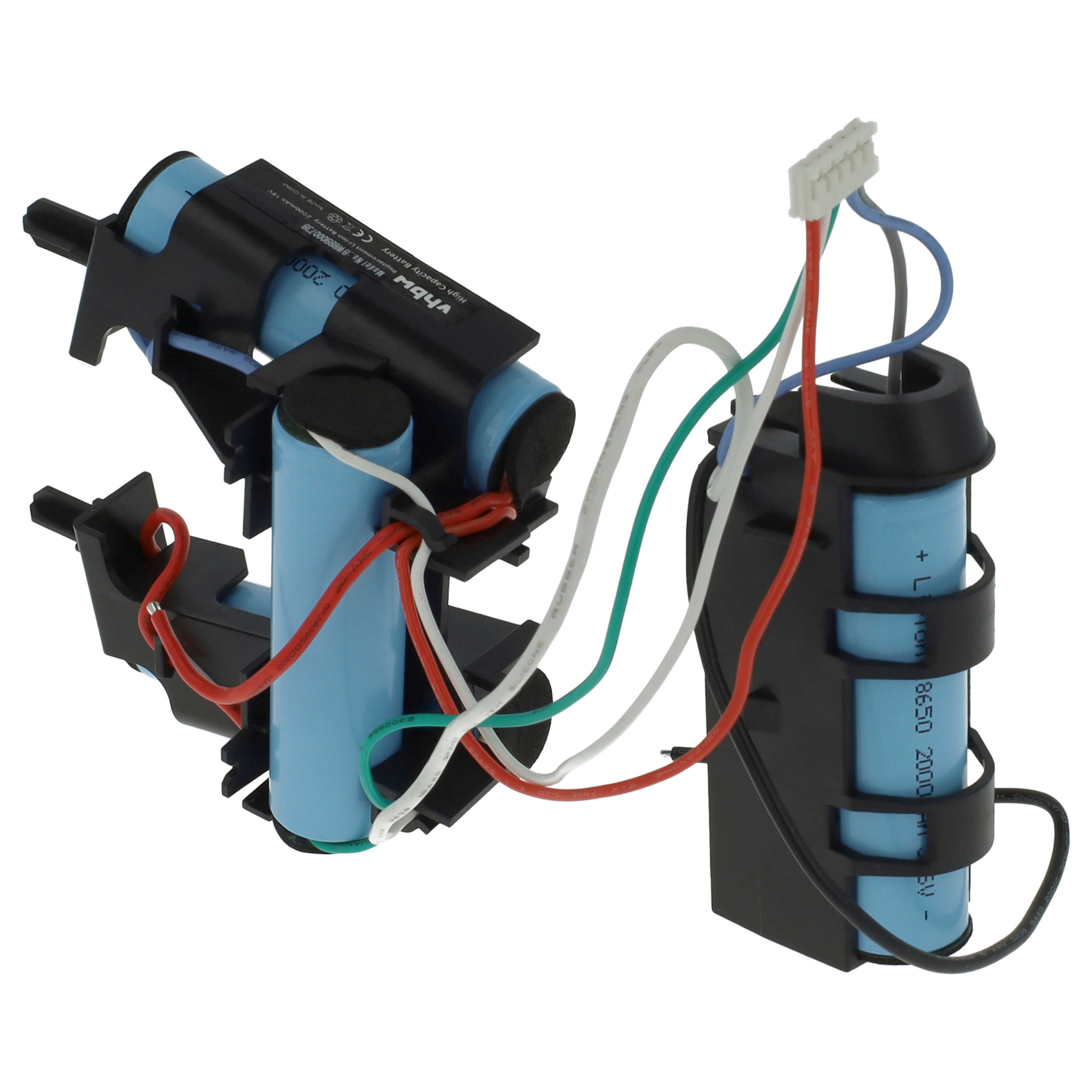 Elektronische Teile, blau und schwarz, mit Drähten. Eine Batterie und andere Komponenten sind sichtbar.